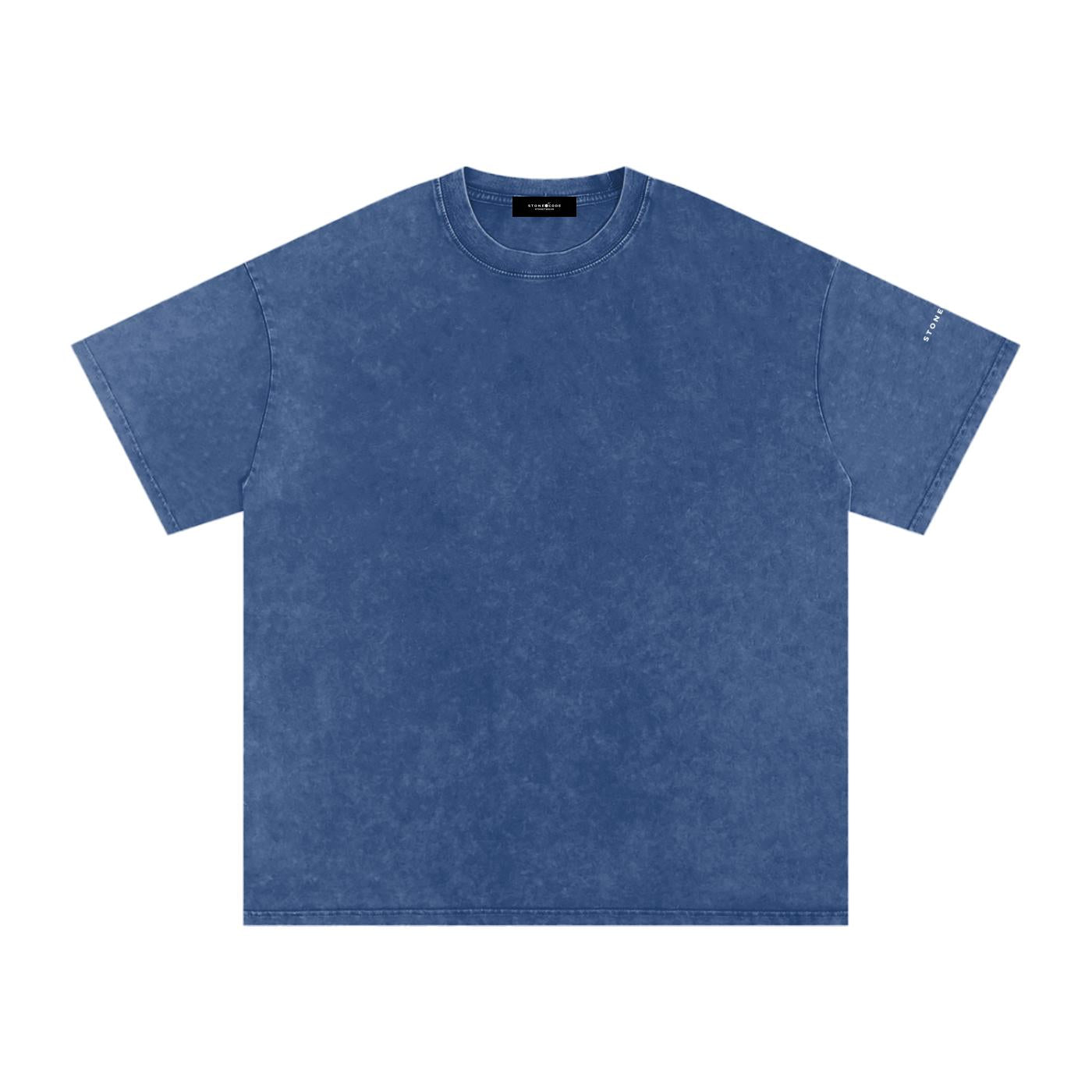 Snow washed oversized blue cotton t-shirt with drop shoulders and round neck.