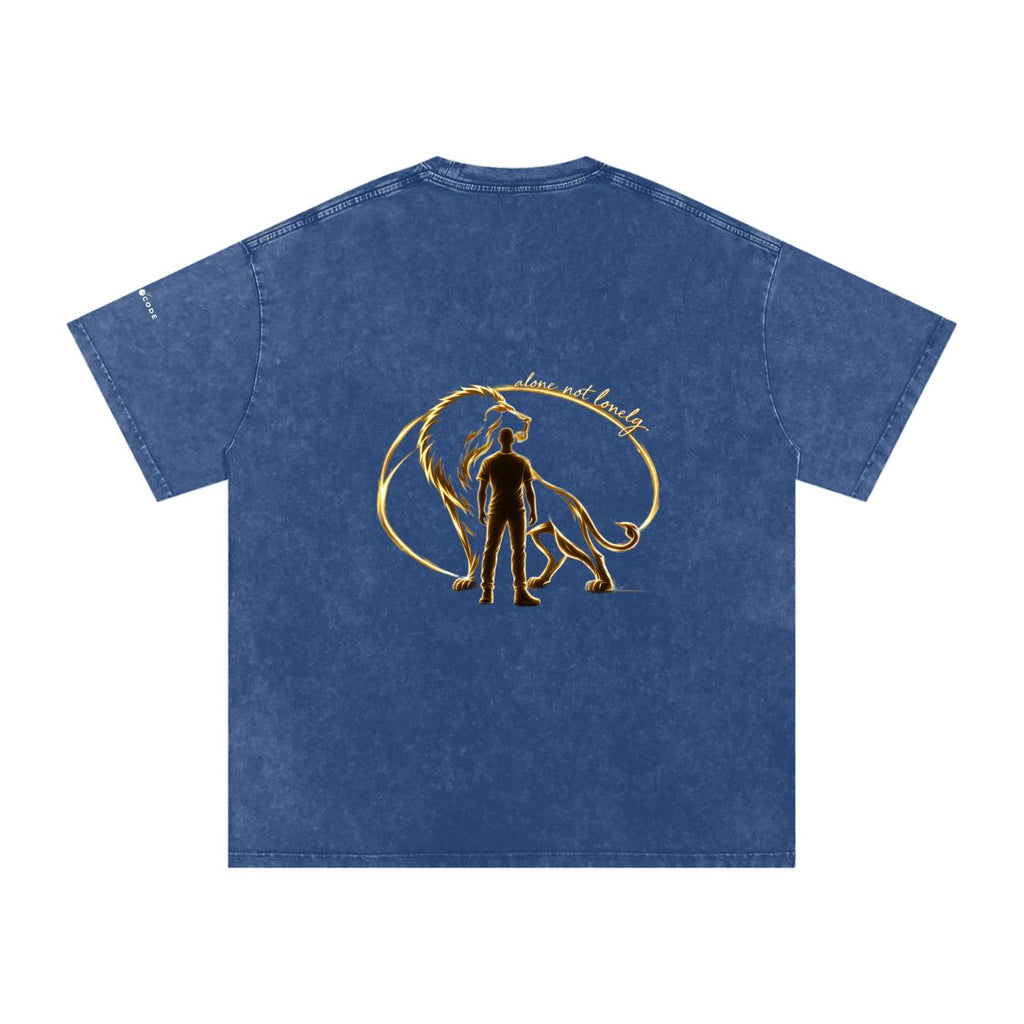Snow washed oversized cotton t-shirt in blue with a gold lion and man graphic on the back.