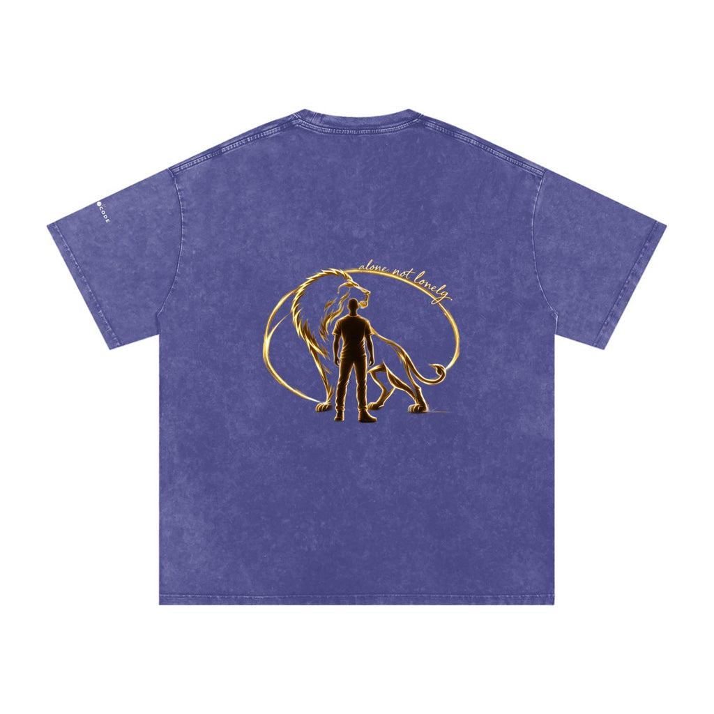 Snow washed oversized cotton t-shirt in purple with a gold lion and "alone not lonely" graphic on the back.