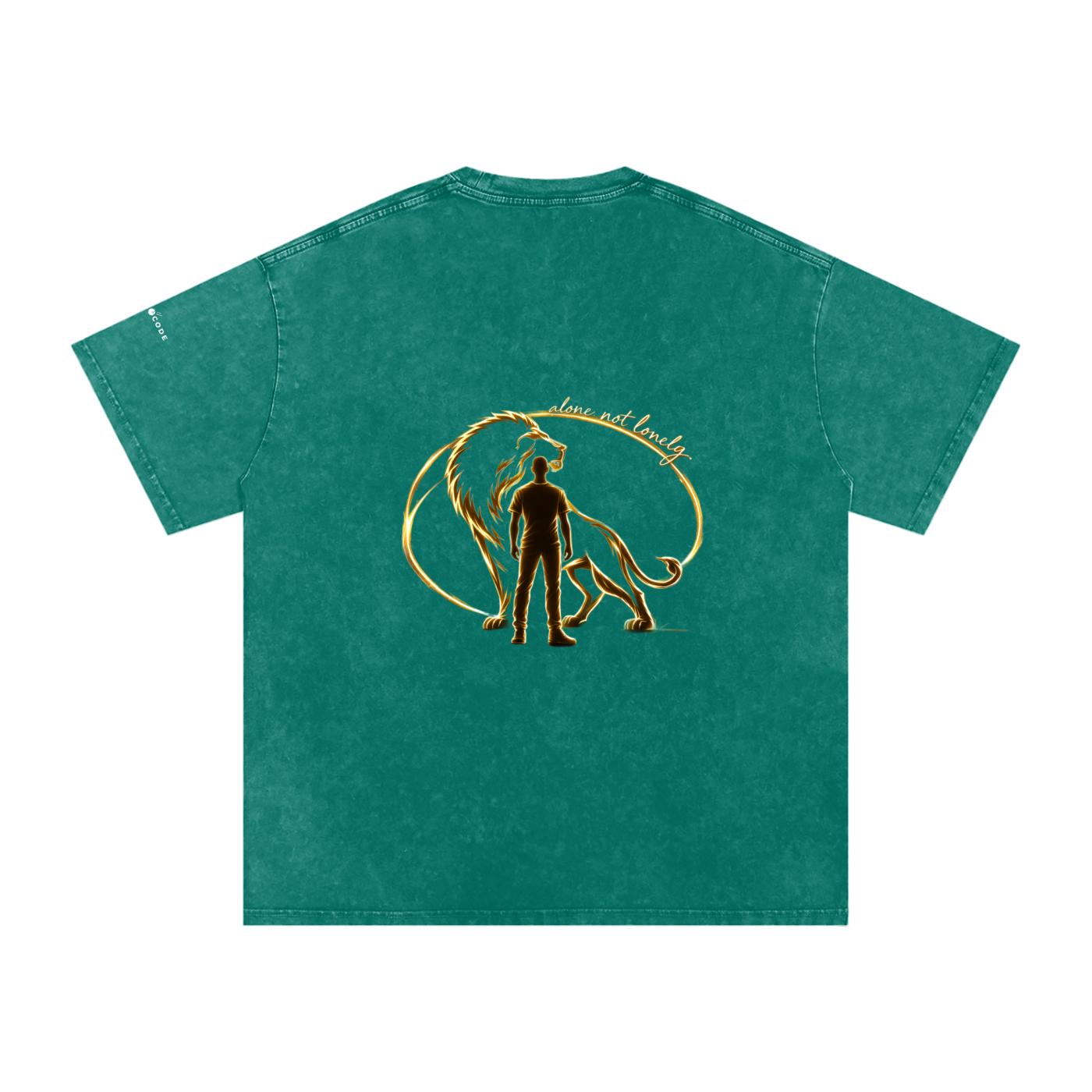 Back of a snow-washed oversized cotton t-shirt in teal with a gold lion and man graphic.