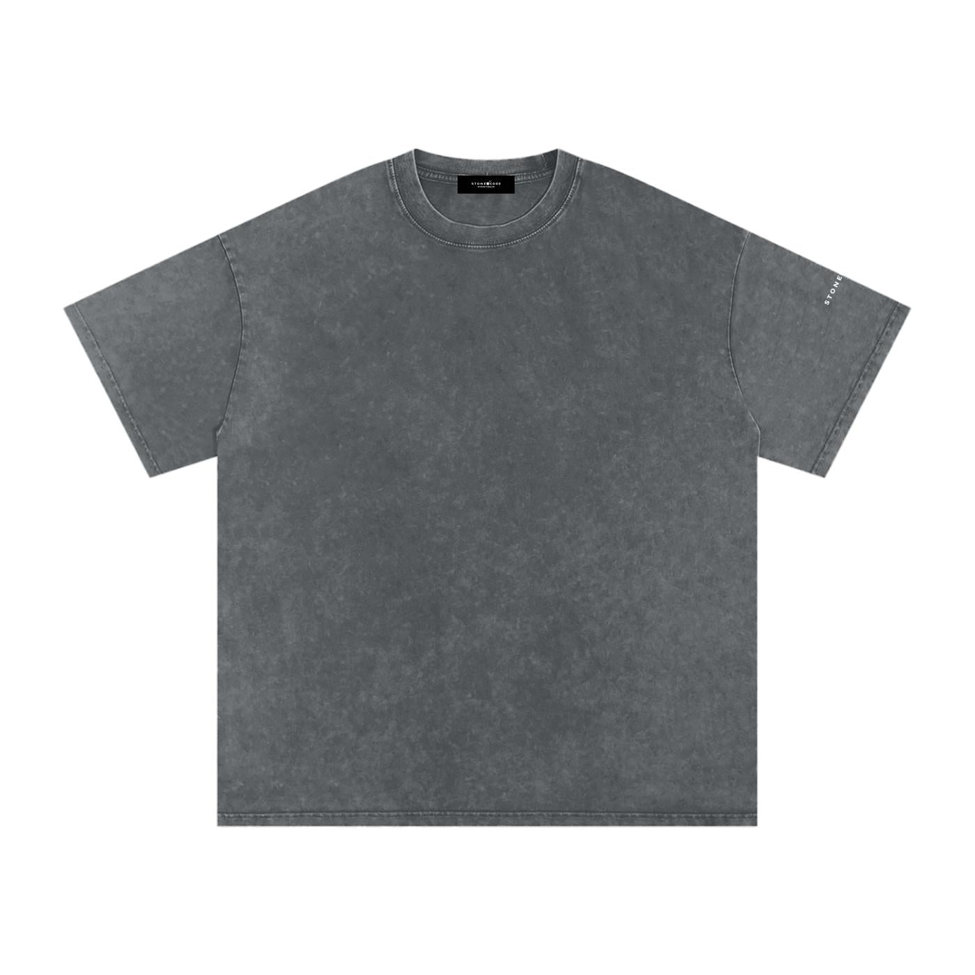 Dark grey snow washed oversized cotton t-shirt with drop shoulders and subtle sleeve branding.