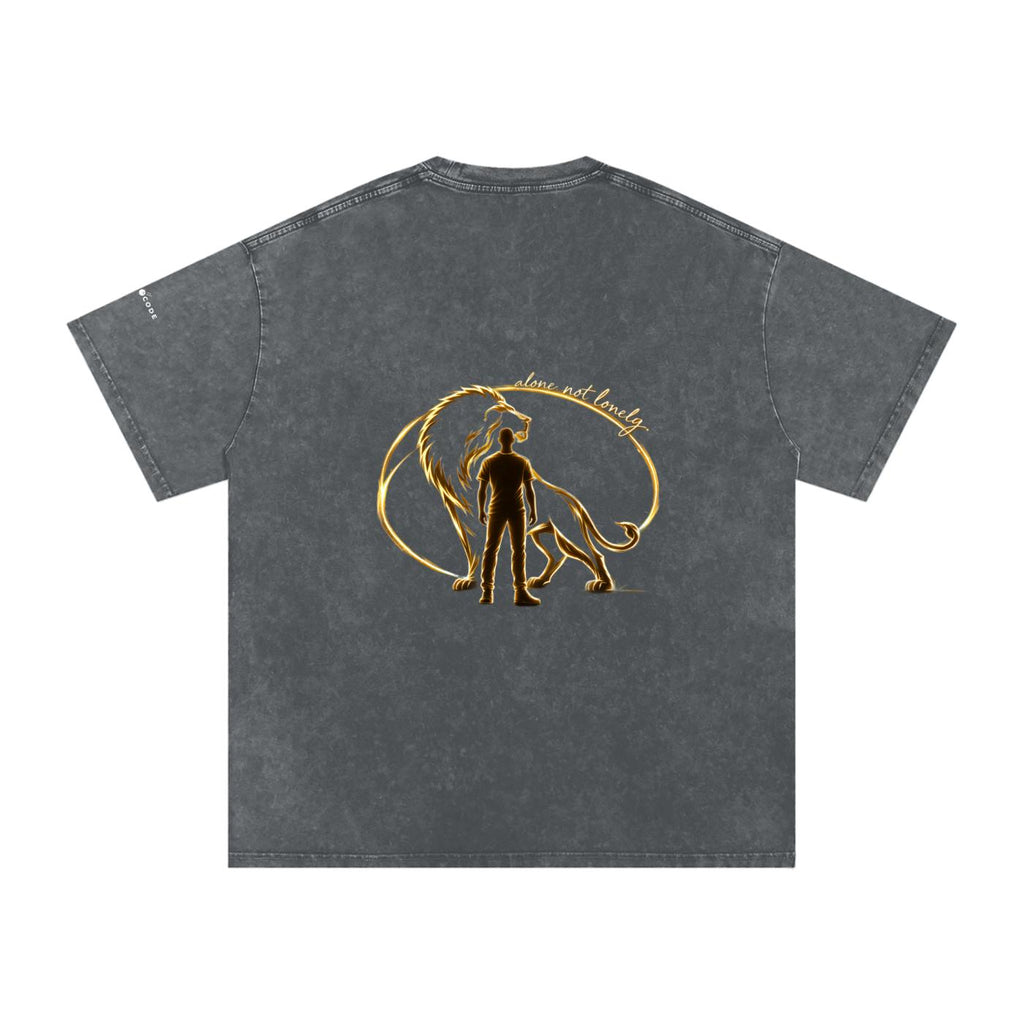 Snow washed oversized cotton t-shirt with a glowing lion and man graphic on the back.