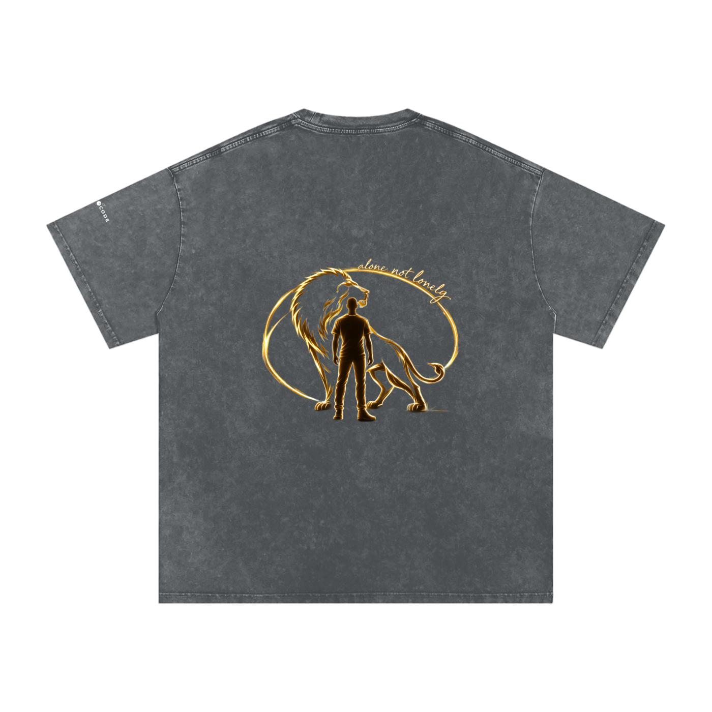 Snow washed oversized cotton t-shirt with a glowing lion and man graphic on the back.