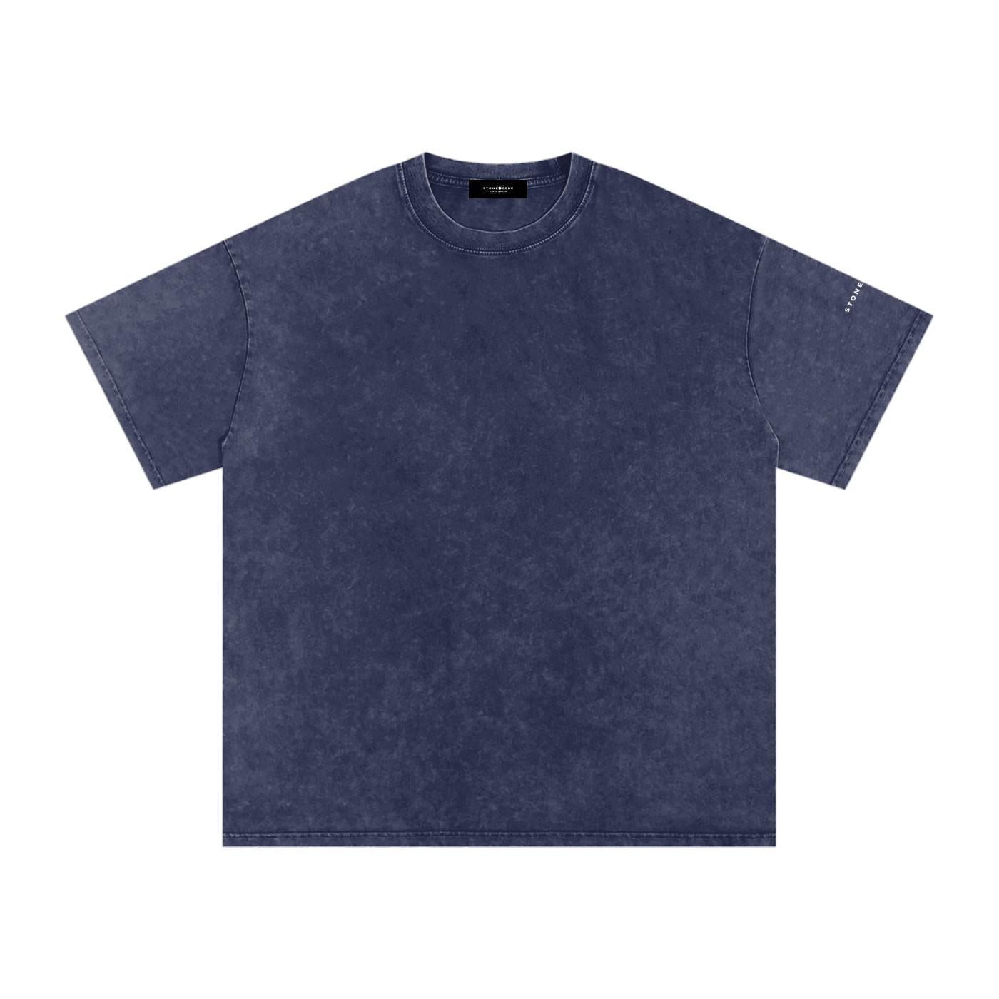 Snow washed oversized navy blue cotton t-shirt with drop shoulders and a round neck.