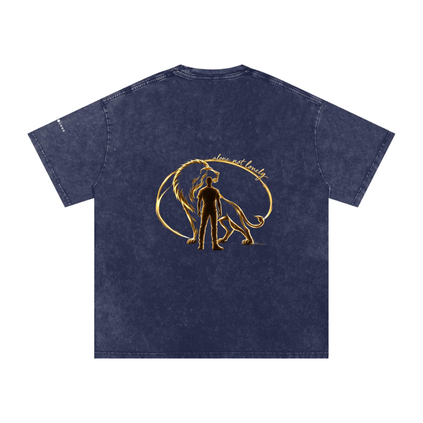 Snow washed oversized cotton t-shirt in navy with a gold lion and "alone not lonely" graphic on the back.