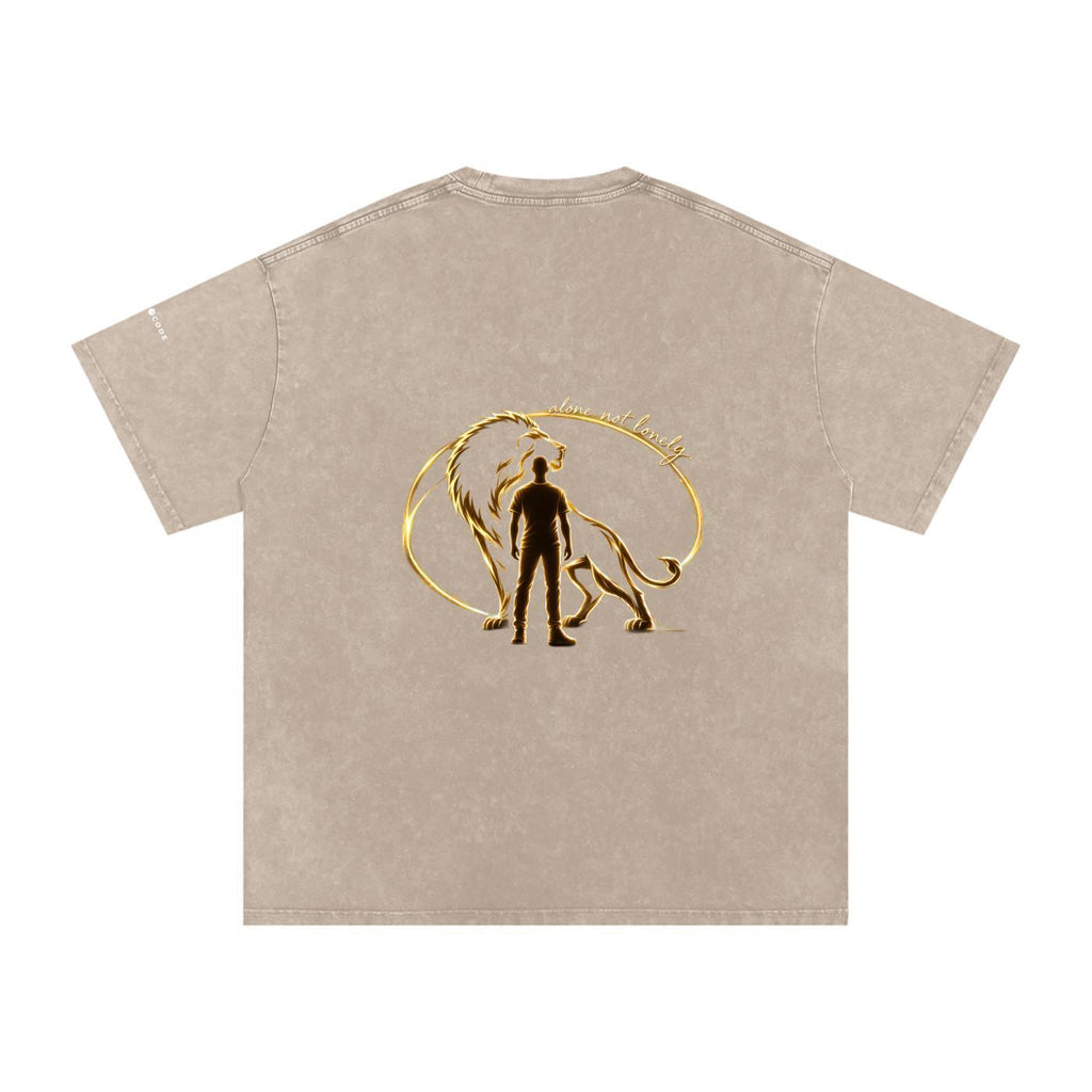 Back of a snow washed oversized cotton t-shirt in beige with a gold lion and man graphic.