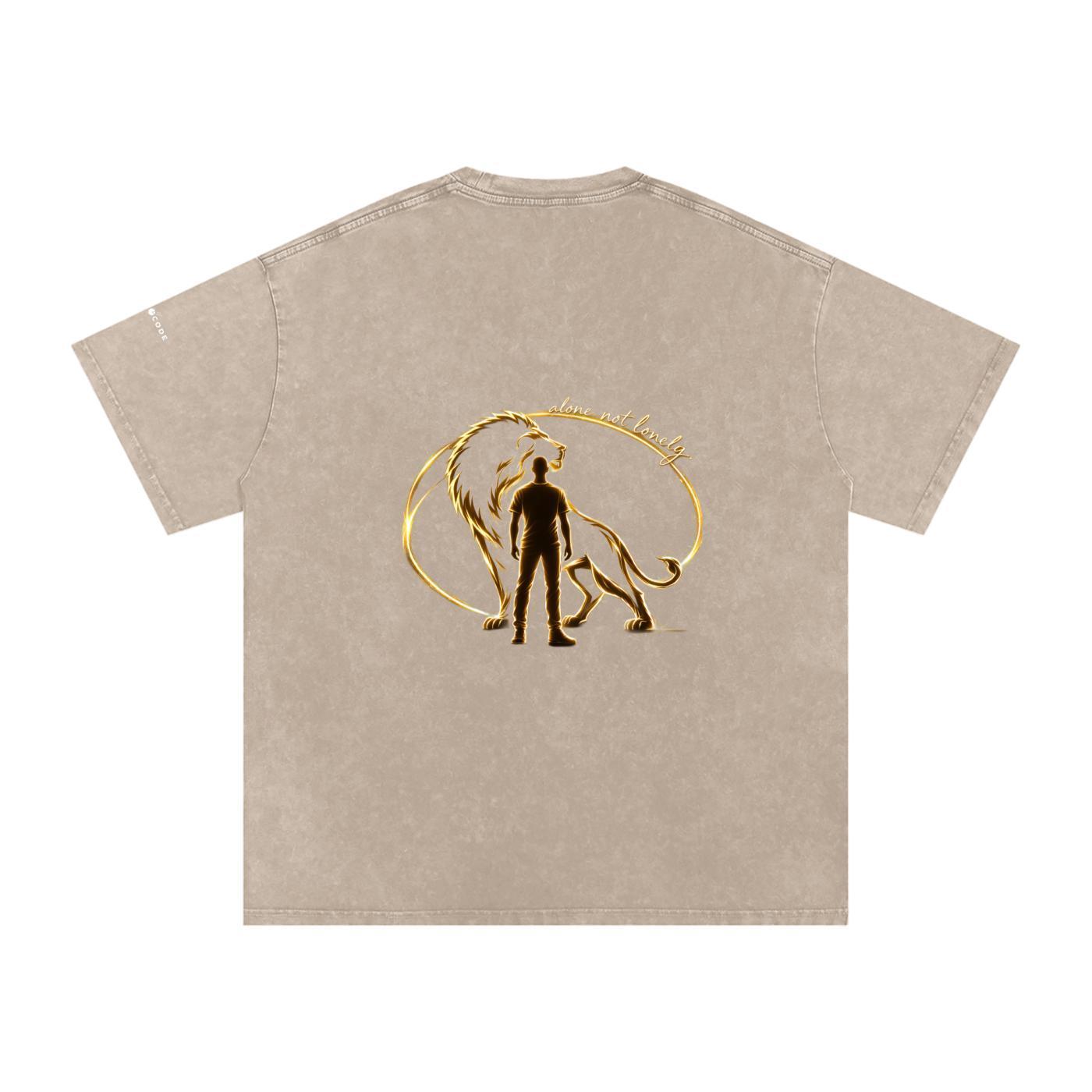 Back of a snow washed oversized cotton t-shirt in beige with a gold lion and man graphic.
