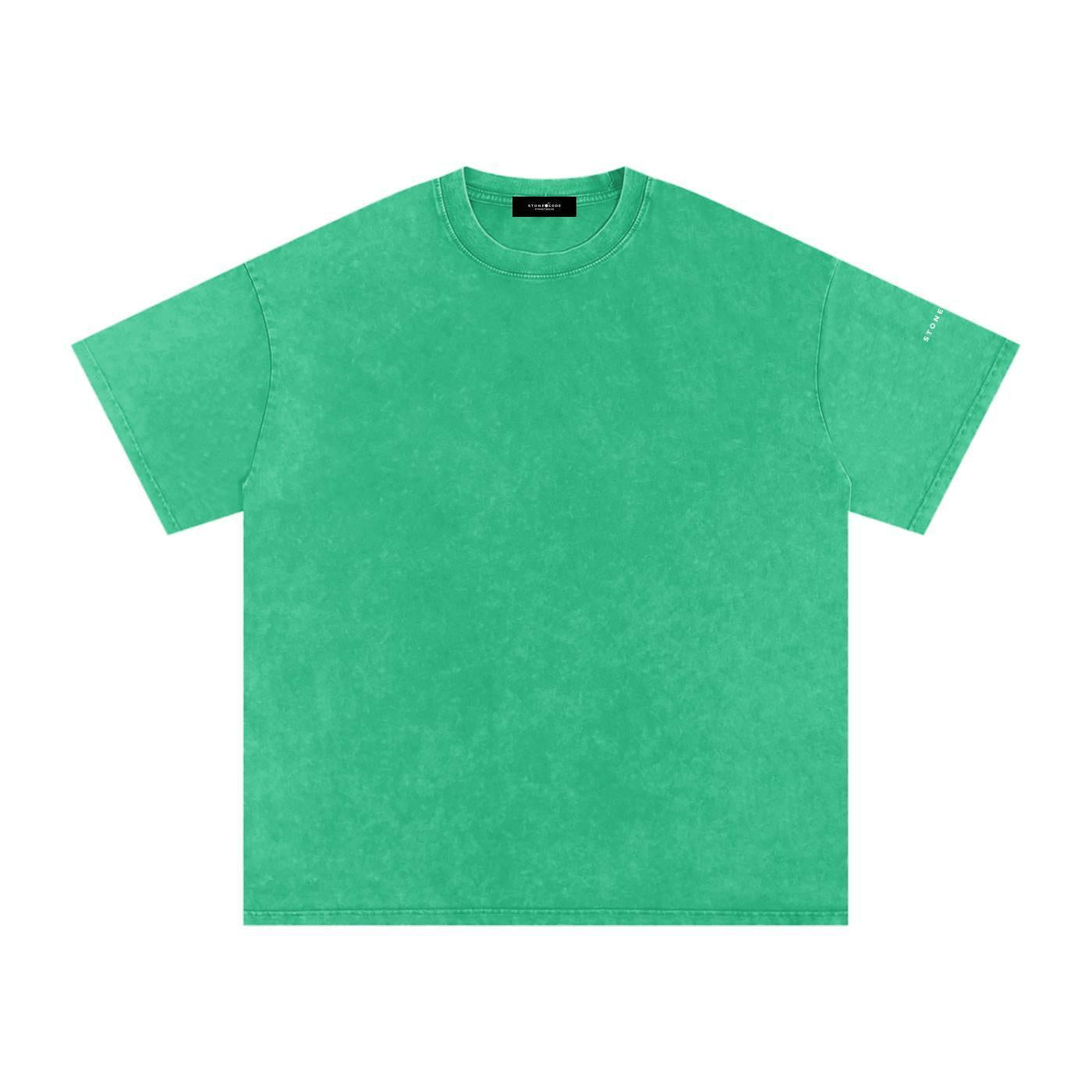 Green snow-washed oversized cotton t-shirt with drop shoulders and a round neck.