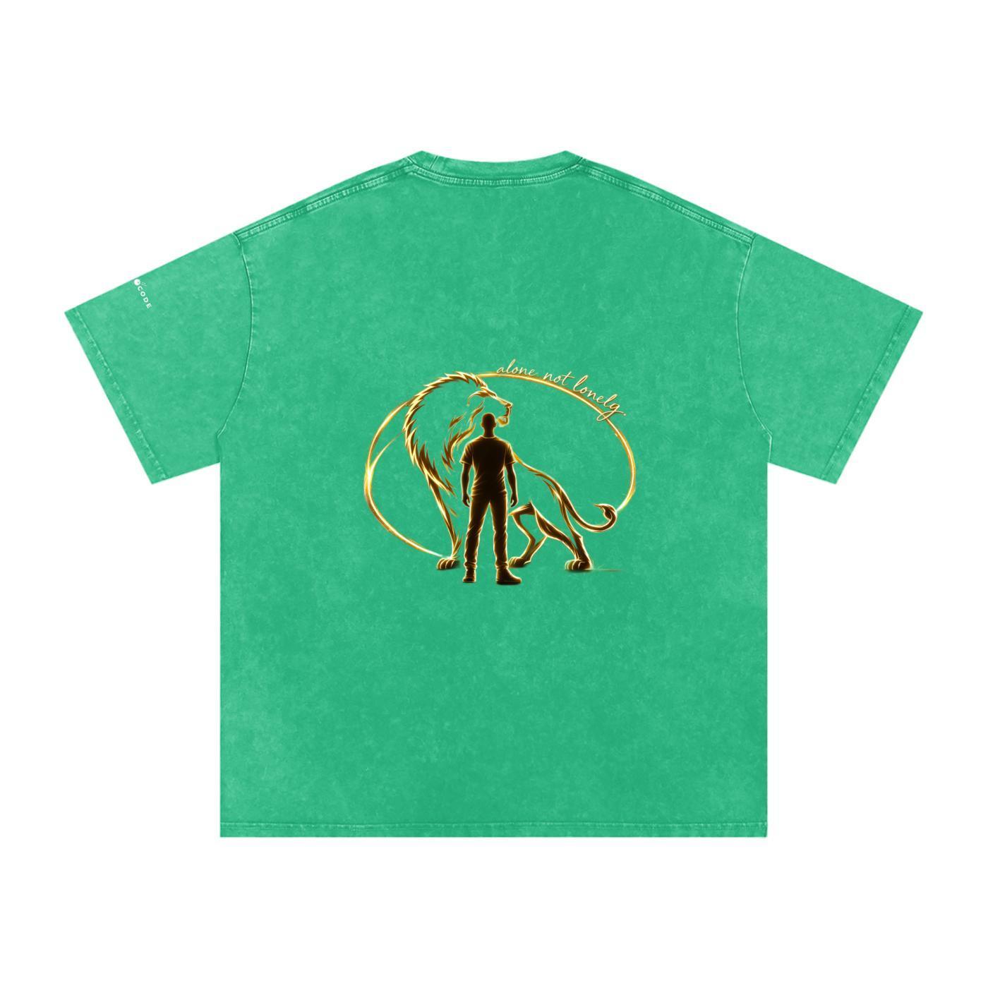Back of a snow washed oversized cotton t-shirt in green with a gold lion and man graphic.