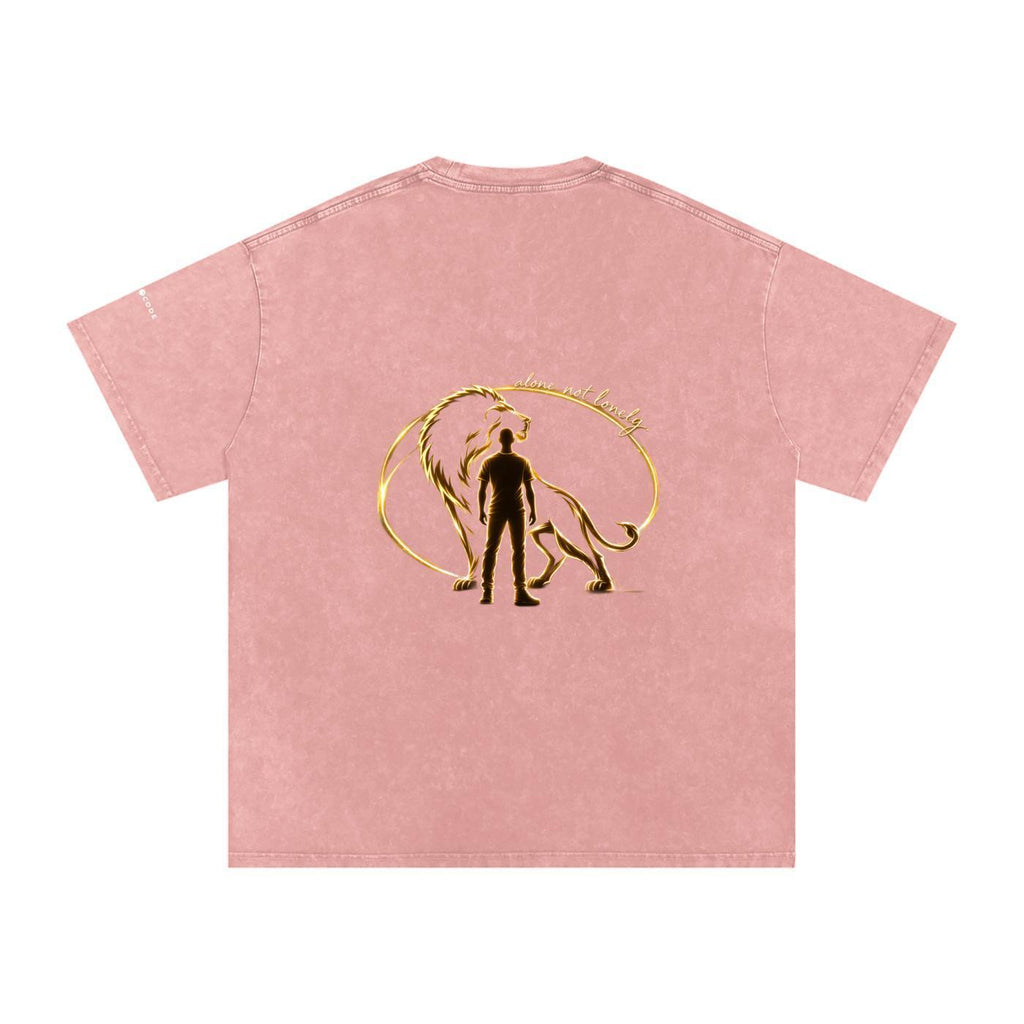 Pink snow-washed oversized cotton t-shirt with a gold lion and man graphic on the back.