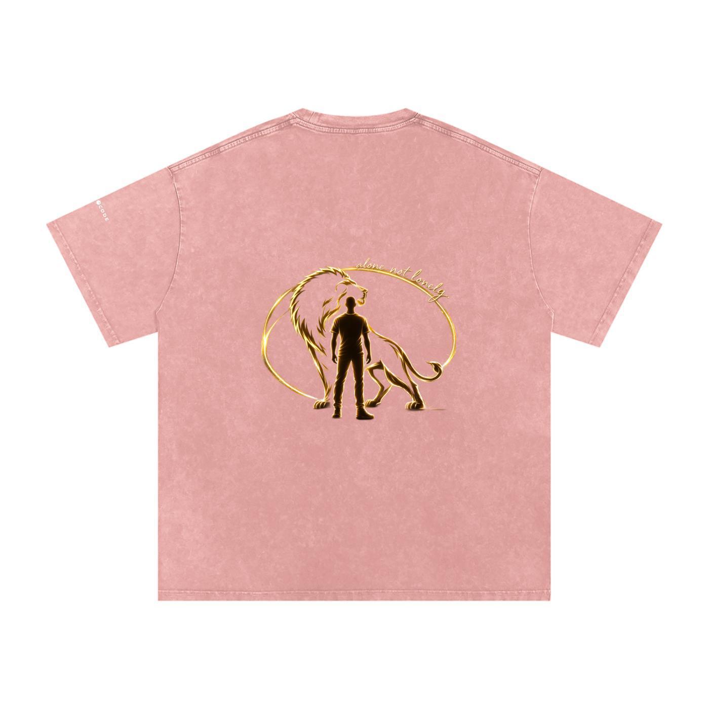 Pink snow-washed oversized cotton t-shirt with a gold lion and man graphic on the back.