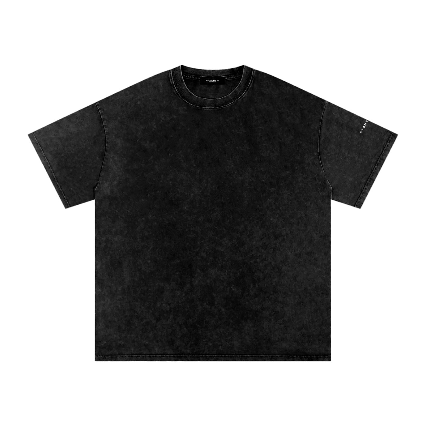 Black snow washed oversized cotton t-shirt with drop shoulders and subtle sleeve branding.