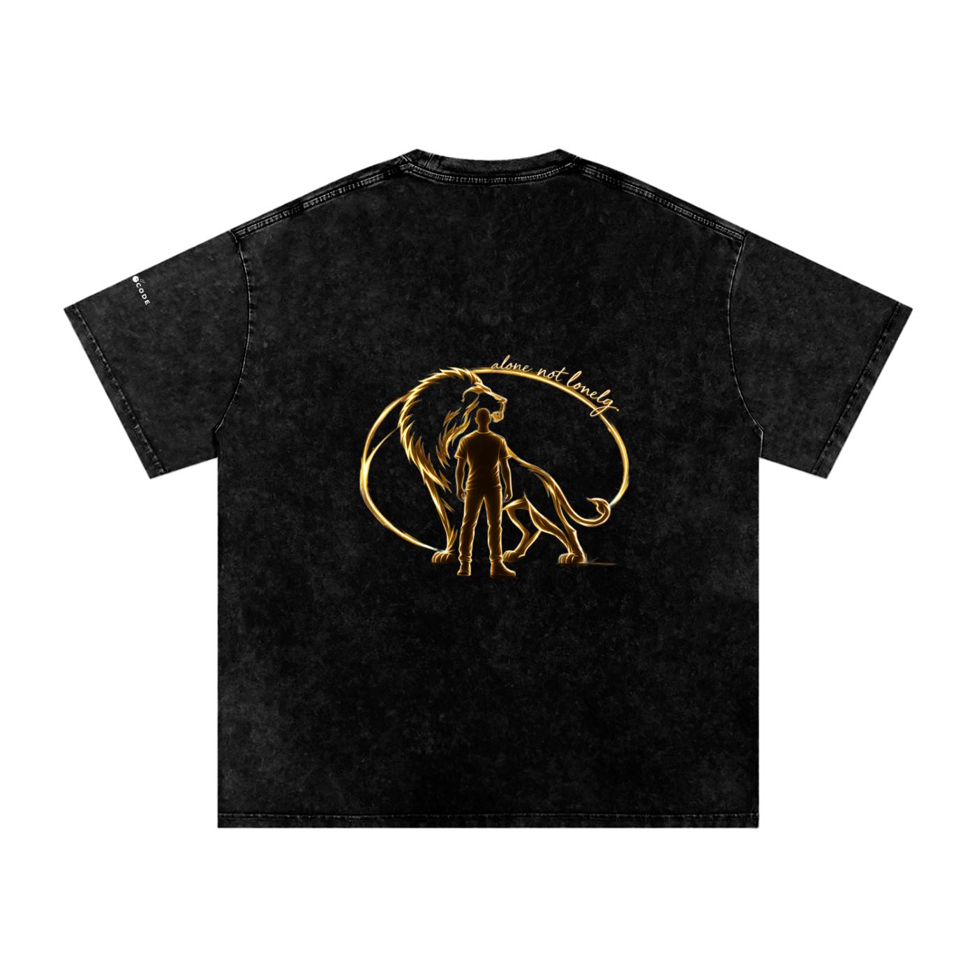 Snow washed oversized black cotton t-shirt with a gold lion and man graphic on the back.