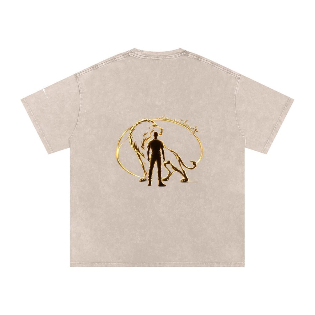 Snow washed oversized cotton t-shirt in beige with a gold lion and human silhouette graphic on the back.
