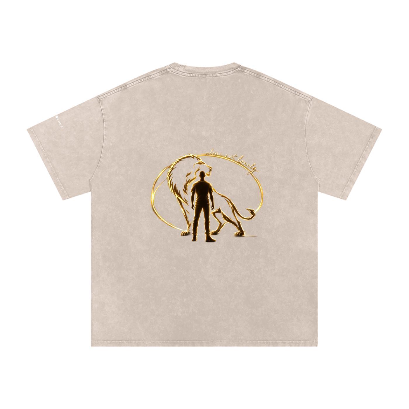 Snow washed oversized cotton t-shirt in beige with a gold lion and human silhouette graphic on the back.