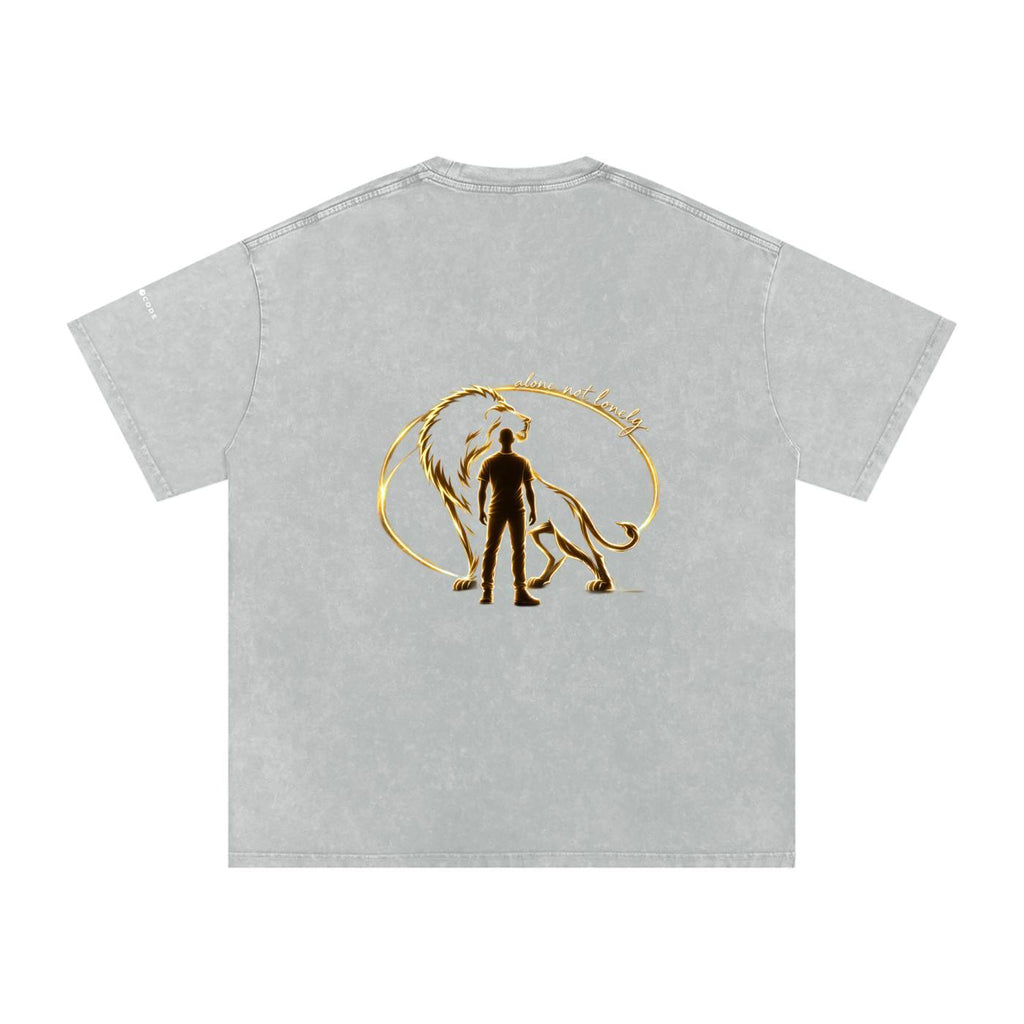 Snow washed oversized cotton t-shirt with a gold lion and man graphic on the back.