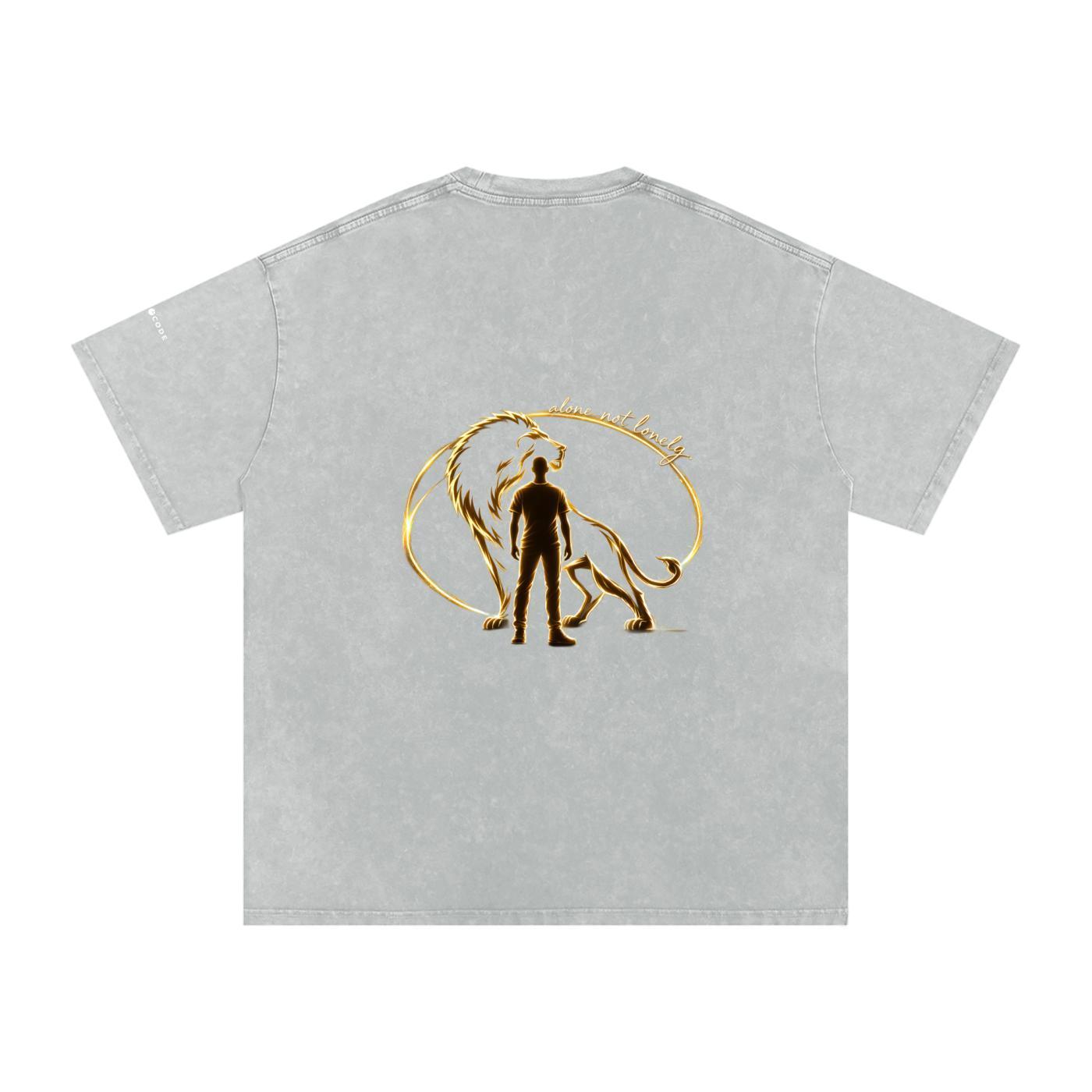 Snow washed oversized cotton t-shirt with a gold lion and man graphic on the back.