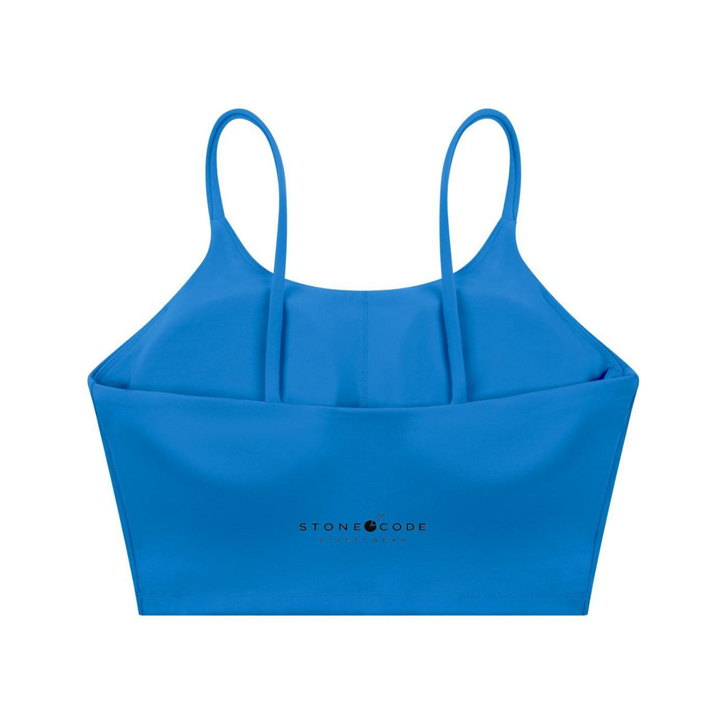 Blue spaghetti strap yoga sports bra with a cropped, bodycon fit and "STONE CODE" logo.