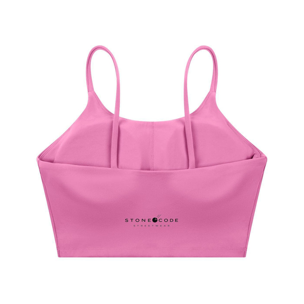 Pink spaghetti strap yoga sports bra with "STONE CODE STREETWEAR" logo on the back.