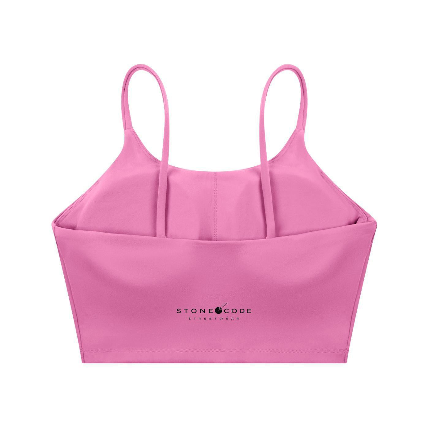 Pink spaghetti strap yoga sports bra with "STONE CODE STREETWEAR" logo on the back.
