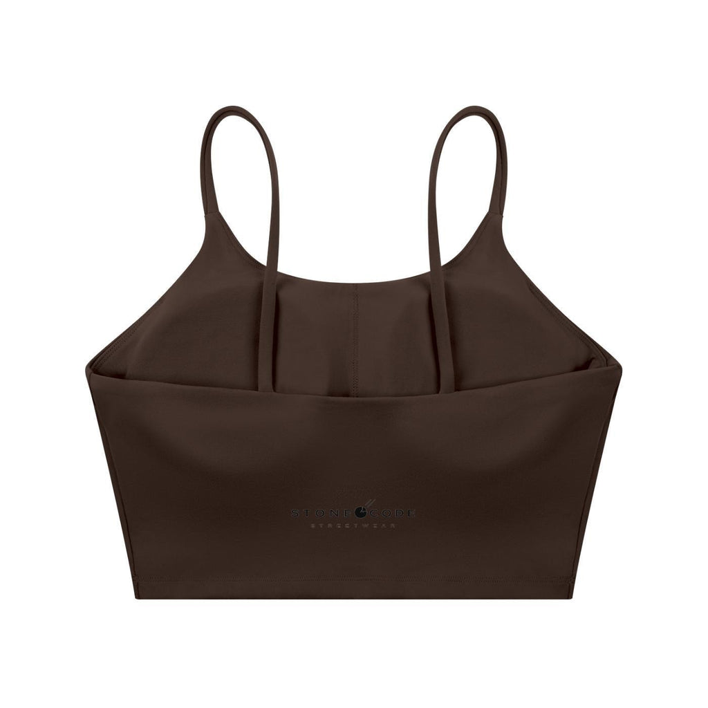 Dark brown spaghetti strap yoga sports bra with Stone Code Streetwear logo.