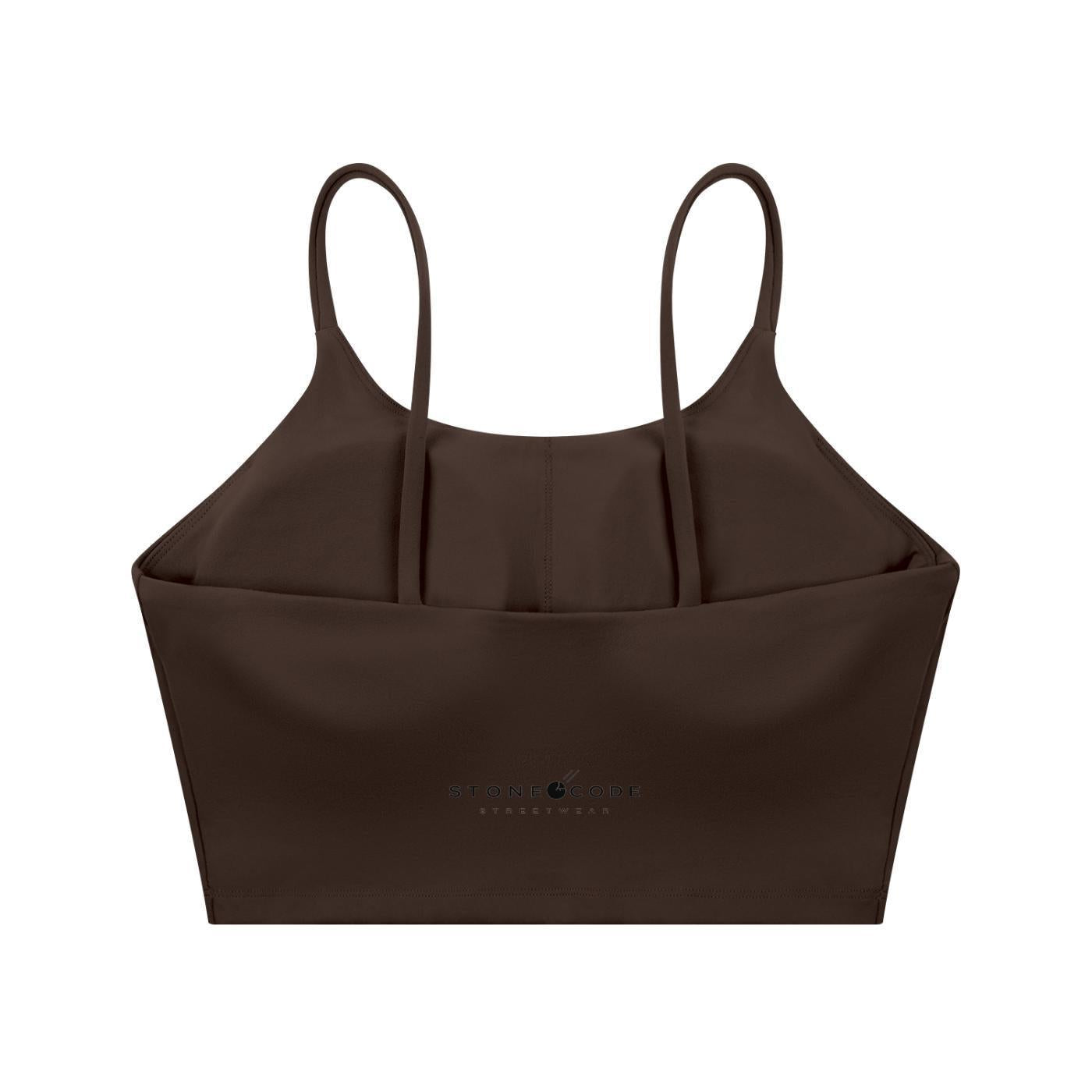 Dark brown spaghetti strap yoga sports bra with Stone Code Streetwear logo.