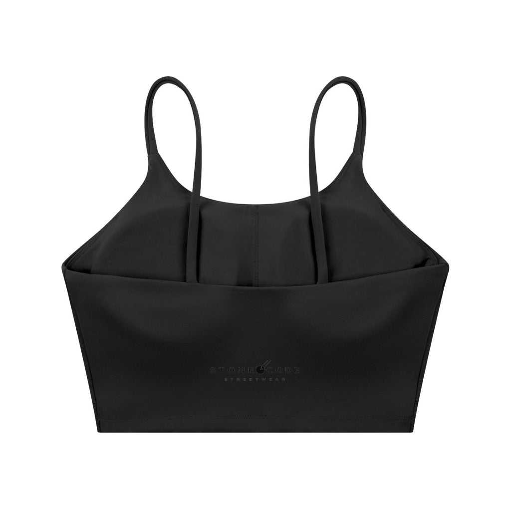 Black spaghetti strap yoga sports bra with "STONE & CODE STREETWEAR" logo on the back.