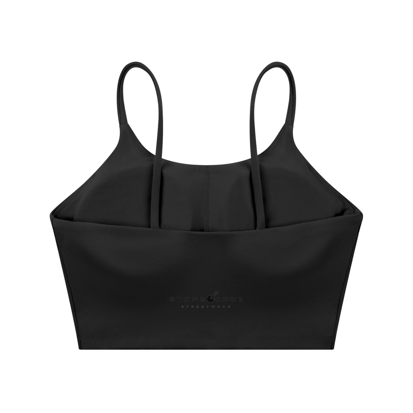 Black spaghetti strap yoga sports bra with "STONE & CODE STREETWEAR" logo on the back.