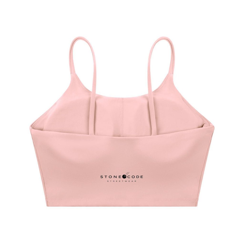 Pink spaghetti strap yoga sports bra with "STONE CODE STREETWEAR" logo on the back.