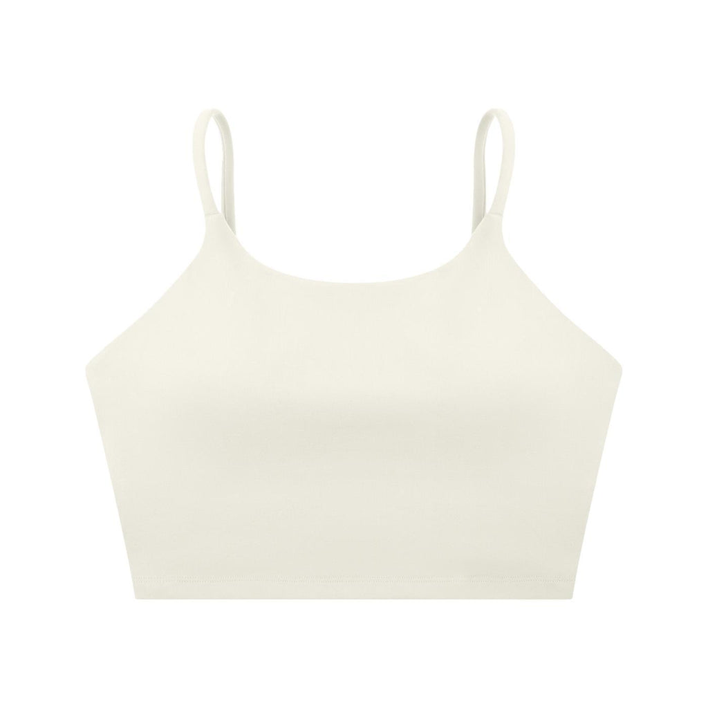 Cream spaghetti strap yoga sports bra, cropped and bodycon, for women.