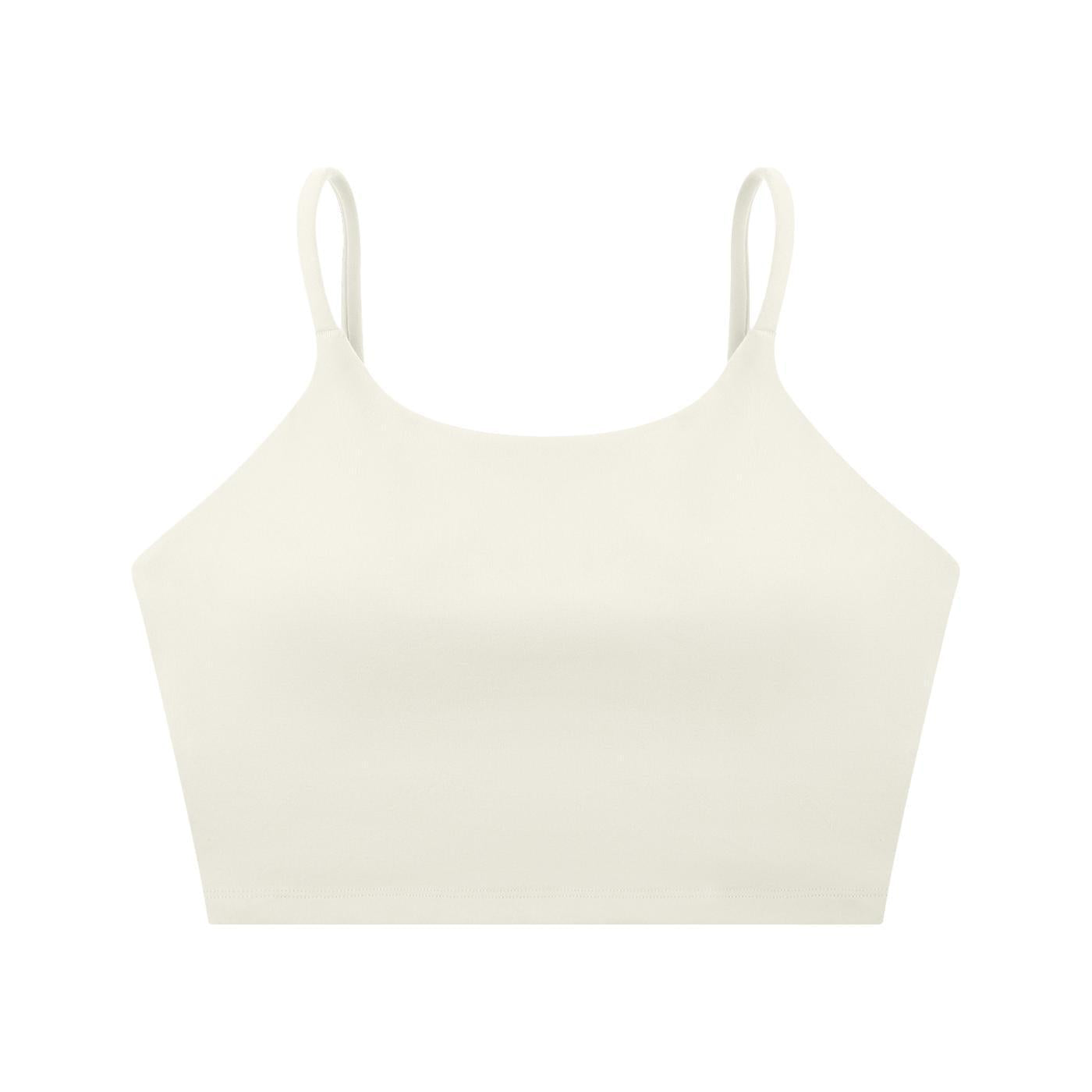 Cream spaghetti strap yoga sports bra, cropped and bodycon, for women.