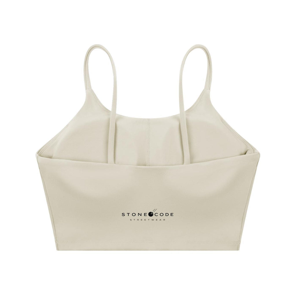 Beige spaghetti strap yoga sports bra with Stone Code Streetwear logo.