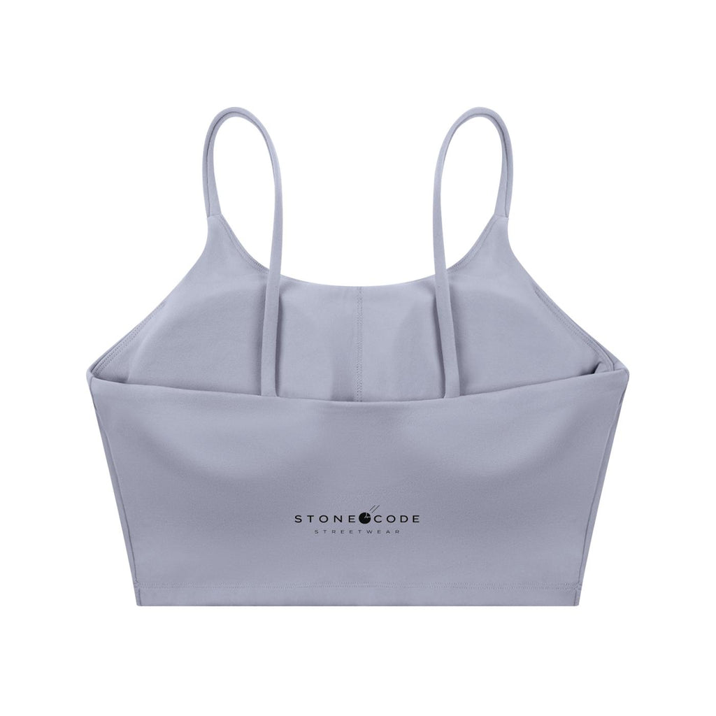 Light purple spaghetti strap yoga sports bra with a crop, bodycon fit and "STONE CODE STREETWEAR" logo.