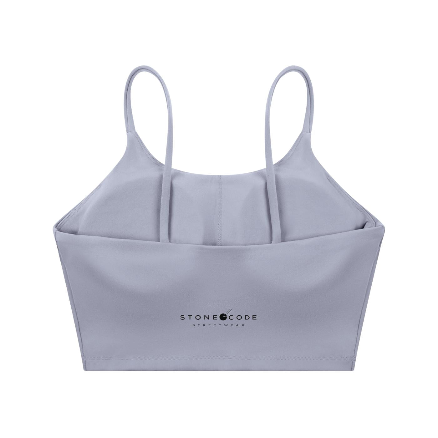 Light purple spaghetti strap yoga sports bra with a crop, bodycon fit and "STONE CODE STREETWEAR" logo.