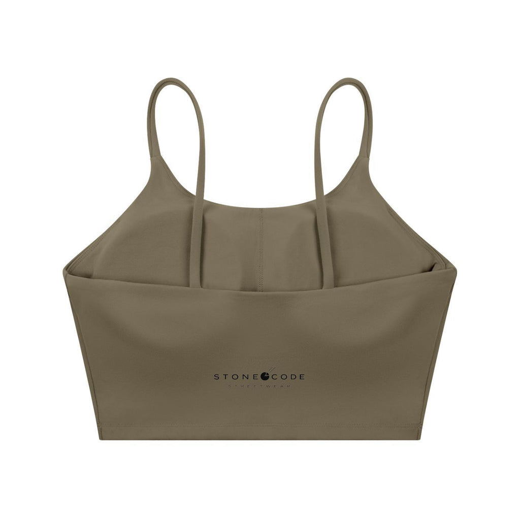 Olive green spaghetti strap yoga sports bra with "STONE CODE" logo.