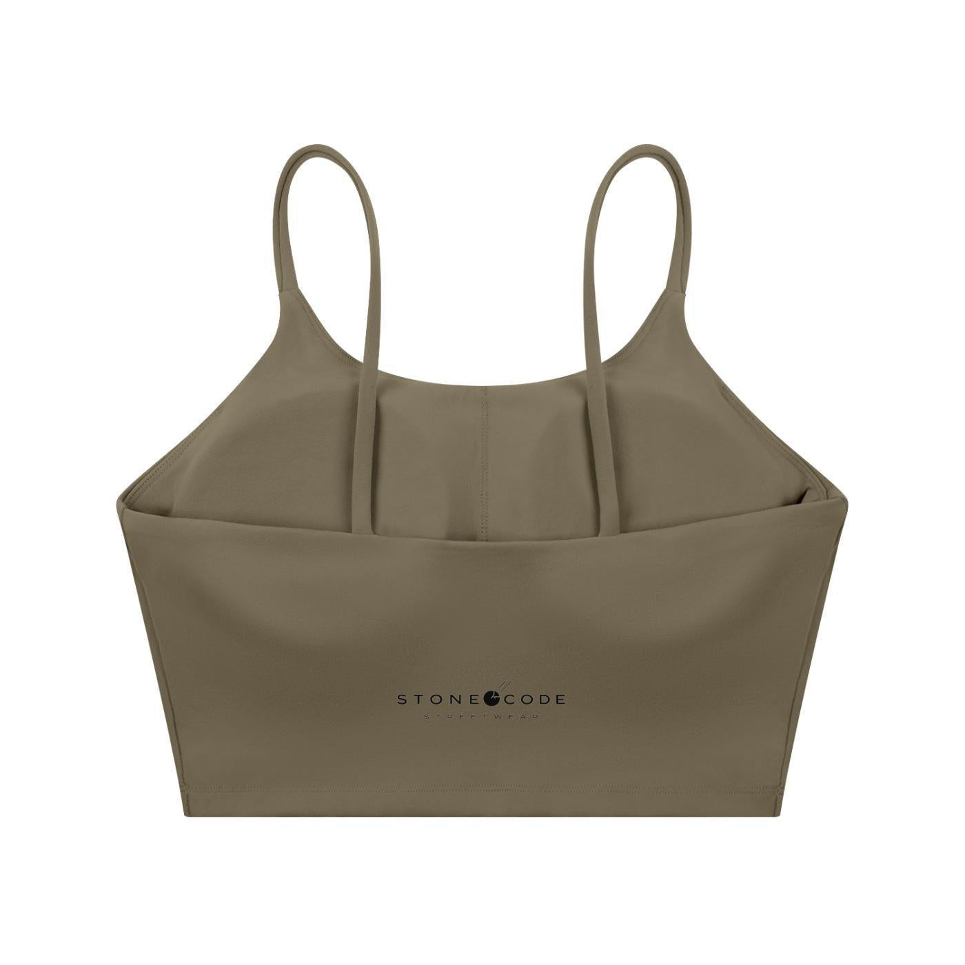 Olive green spaghetti strap yoga sports bra with "STONE CODE" logo.