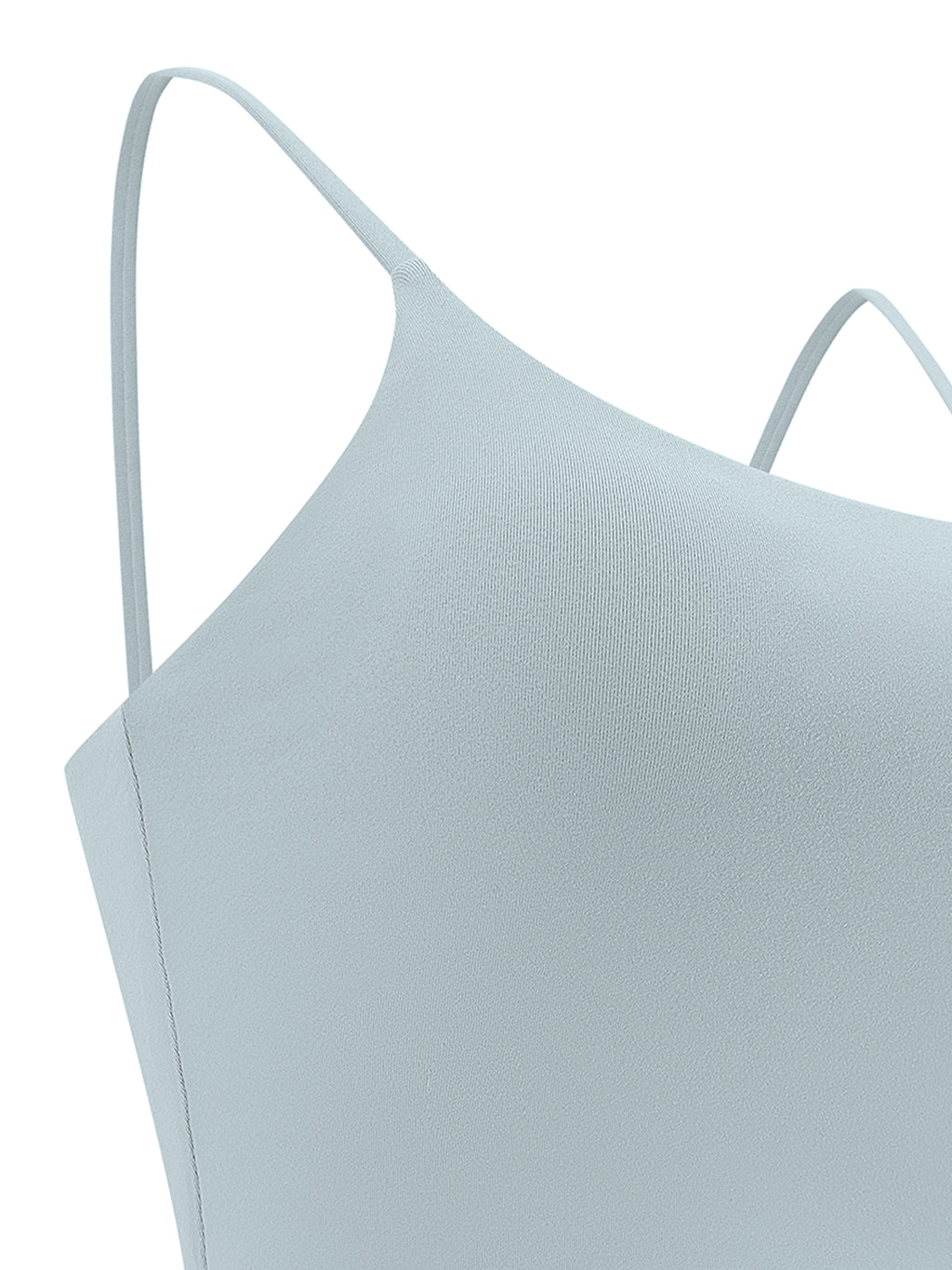 Light blue spaghetti strap yoga sports bra with a smooth, stretchy fabric texture.