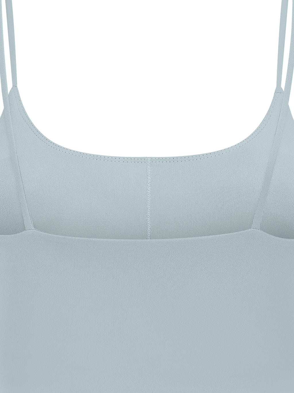 Light blue spaghetti strap yoga sports bra with ribbed texture, cropped fit, and skinny design.