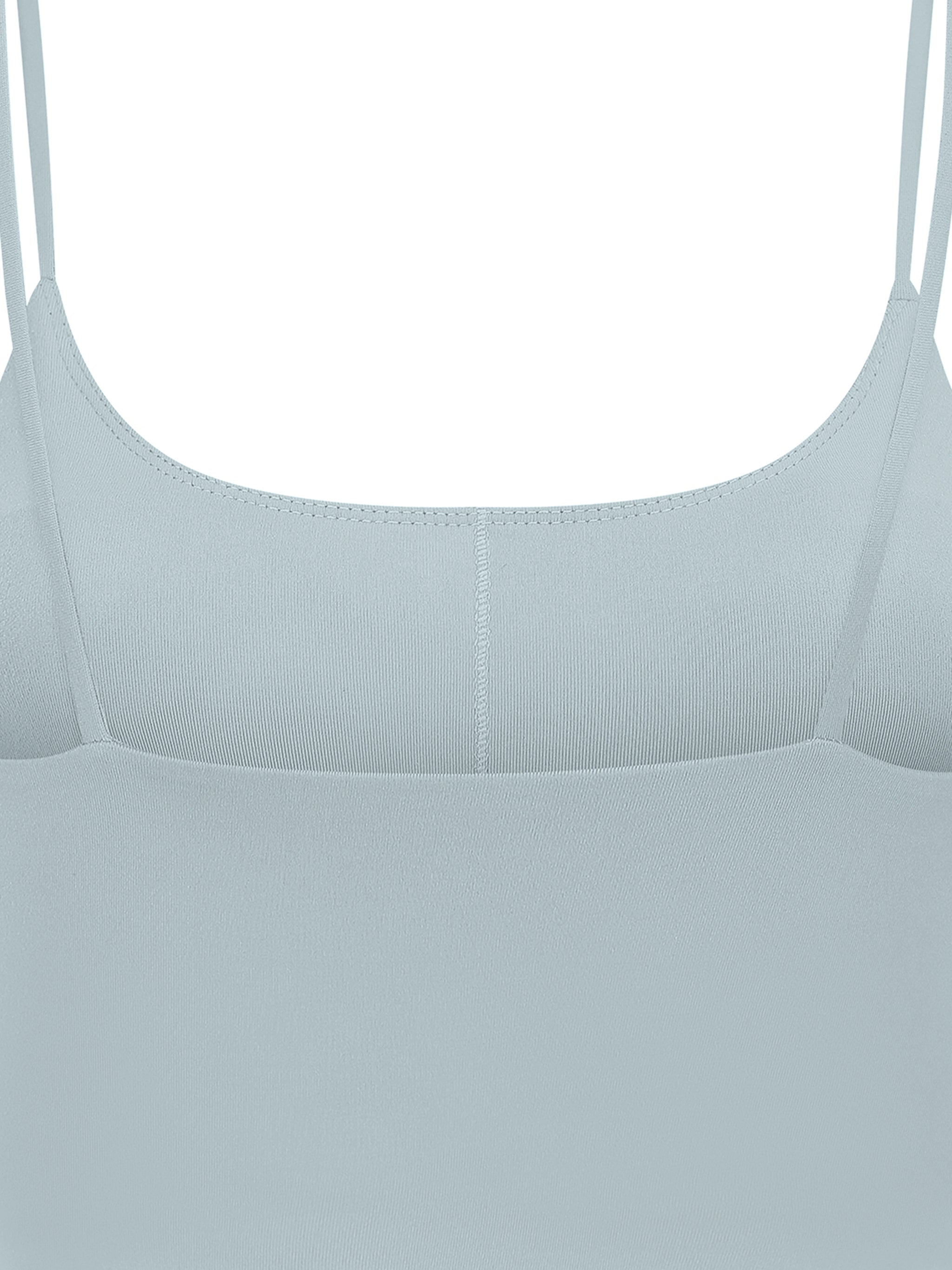 Light blue spaghetti strap yoga sports bra with ribbed texture, cropped fit, and skinny design.