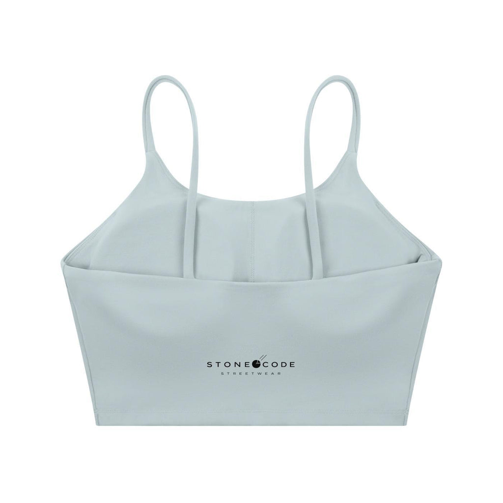 Light blue spaghetti strap yoga sports bra with a cropped, bodycon fit and "STONE CODE STREETWEAR" logo.
