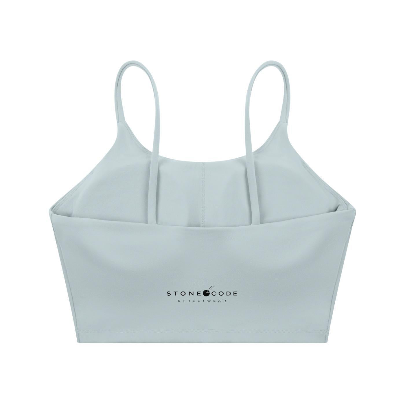 Light blue spaghetti strap yoga sports bra with a cropped, bodycon fit and "STONE CODE STREETWEAR" logo.