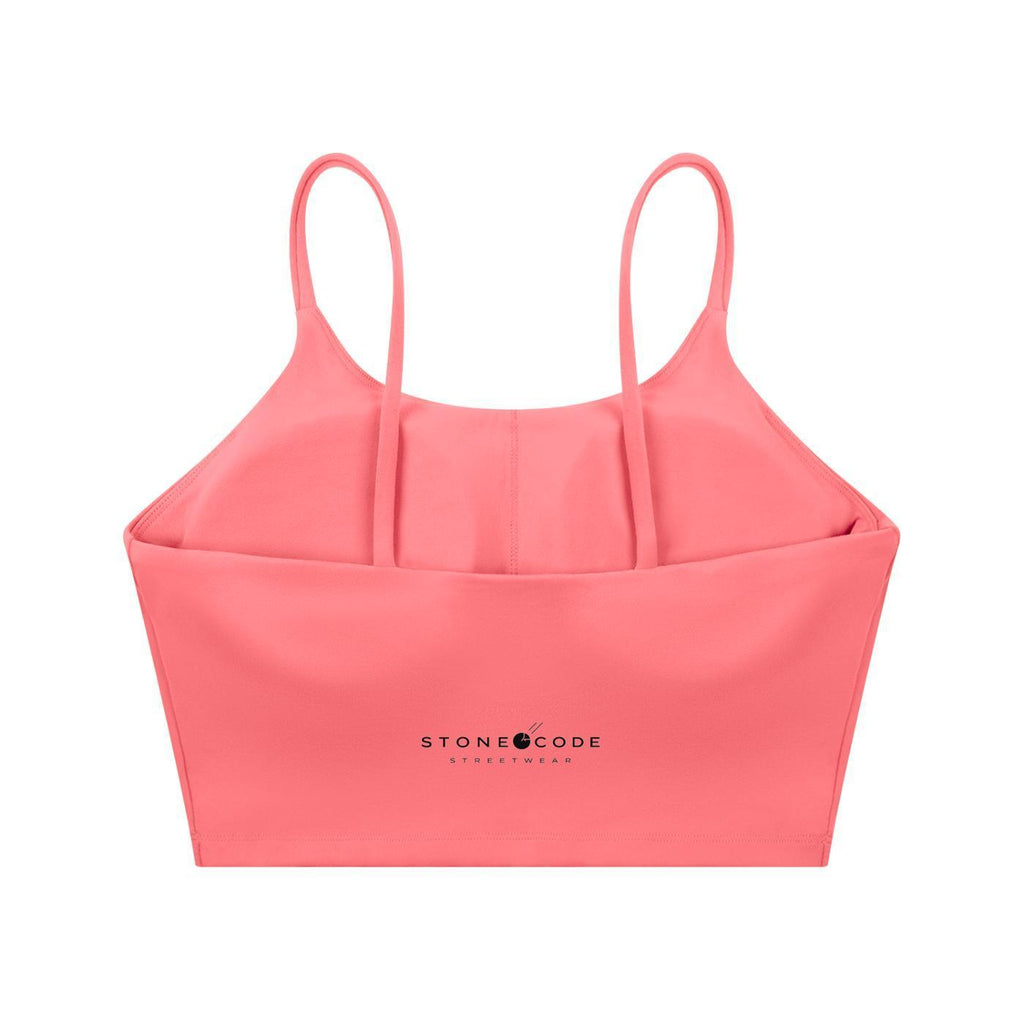 Coral spaghetti strap yoga sports bra with "STONE CODE STREETWEAR" logo on the back.