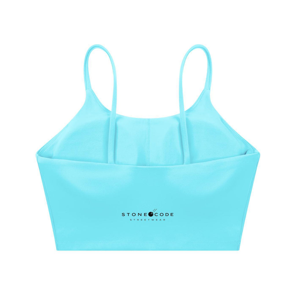 Aqua blue spaghetti strap yoga sports bra with "STONE CODE STREETWEAR" logo.
