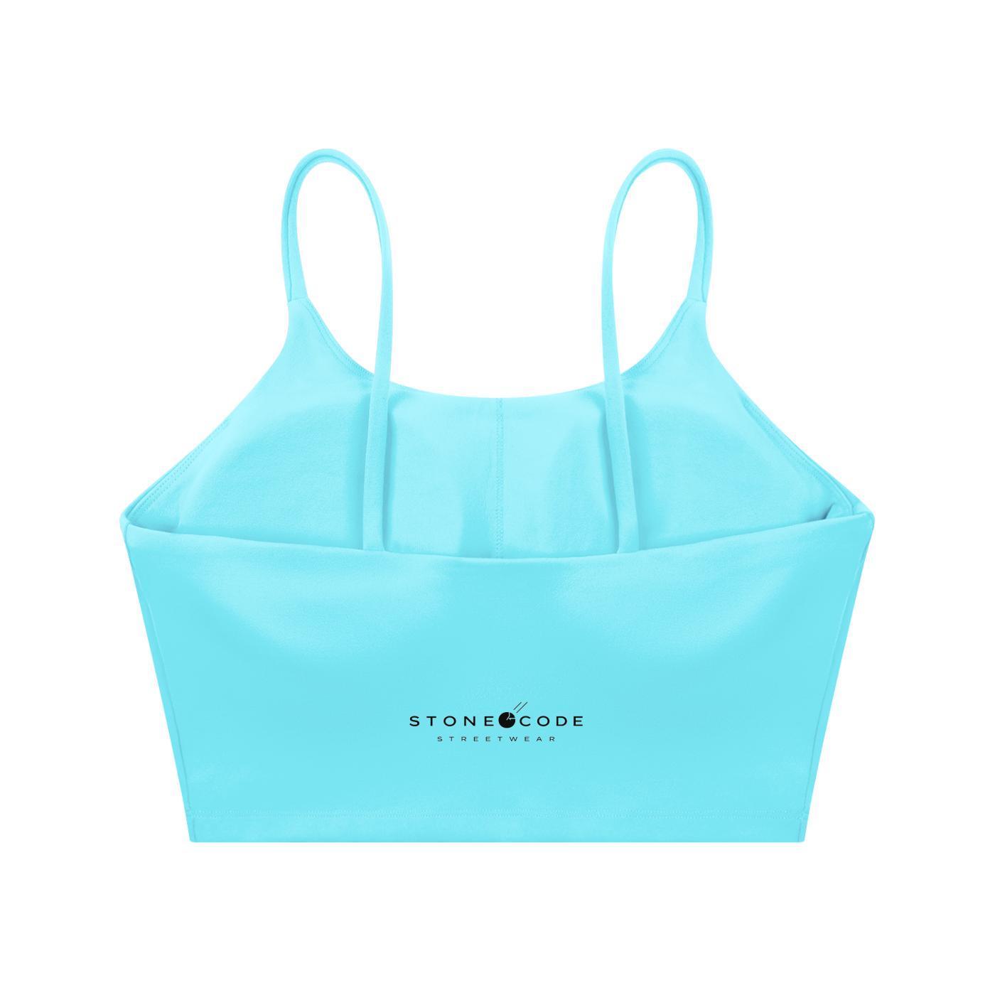 Aqua blue spaghetti strap yoga sports bra with "STONE CODE STREETWEAR" logo.