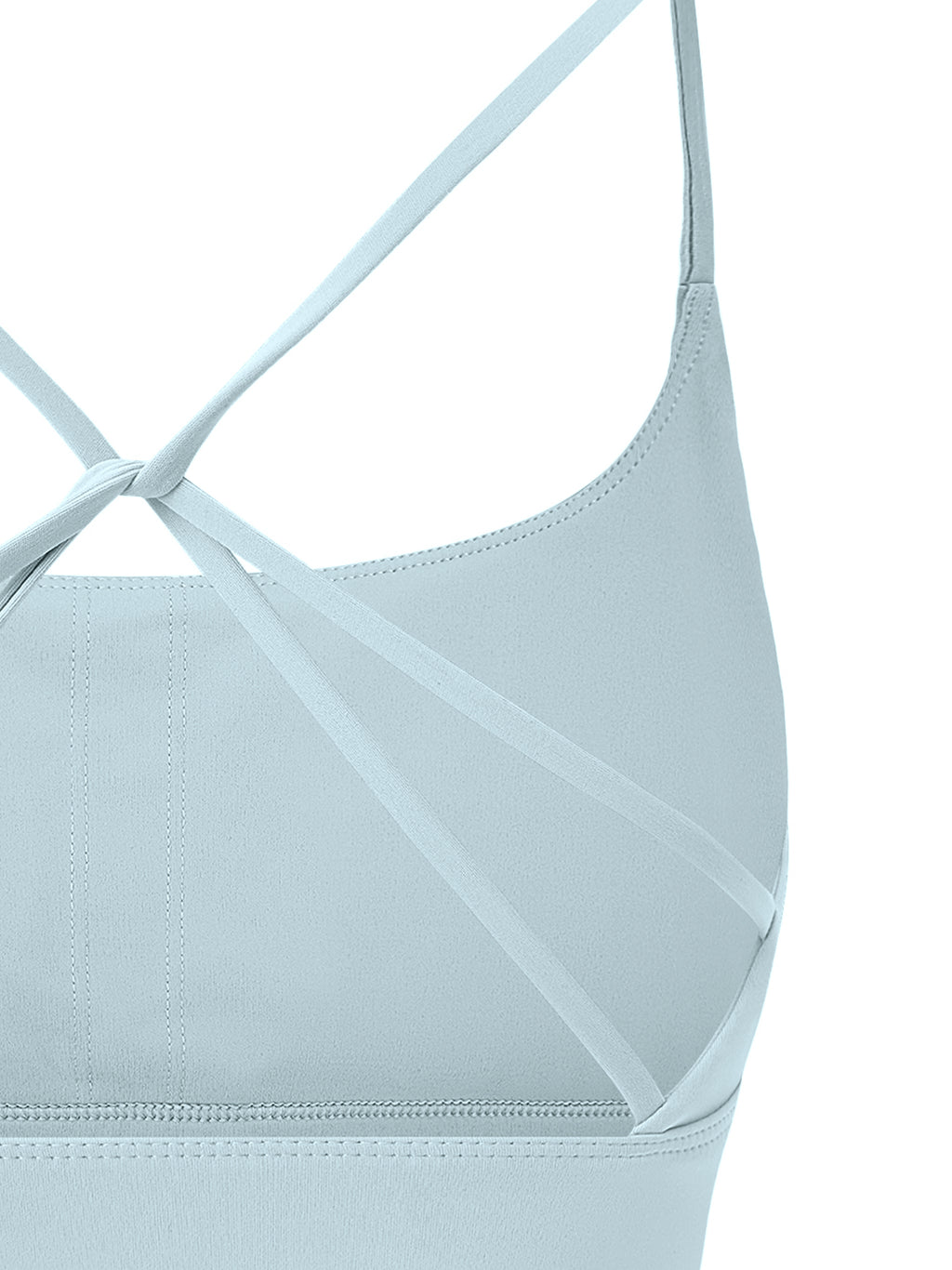Light blue strappy criss-cross yoga sports bra with thin shoulder straps and a ribbed band.
