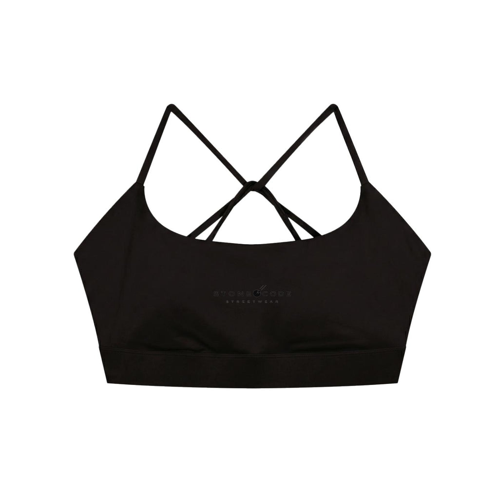 Black strappy criss-cross yoga sports bra with "STONE CODE STREETWEAR" logo.