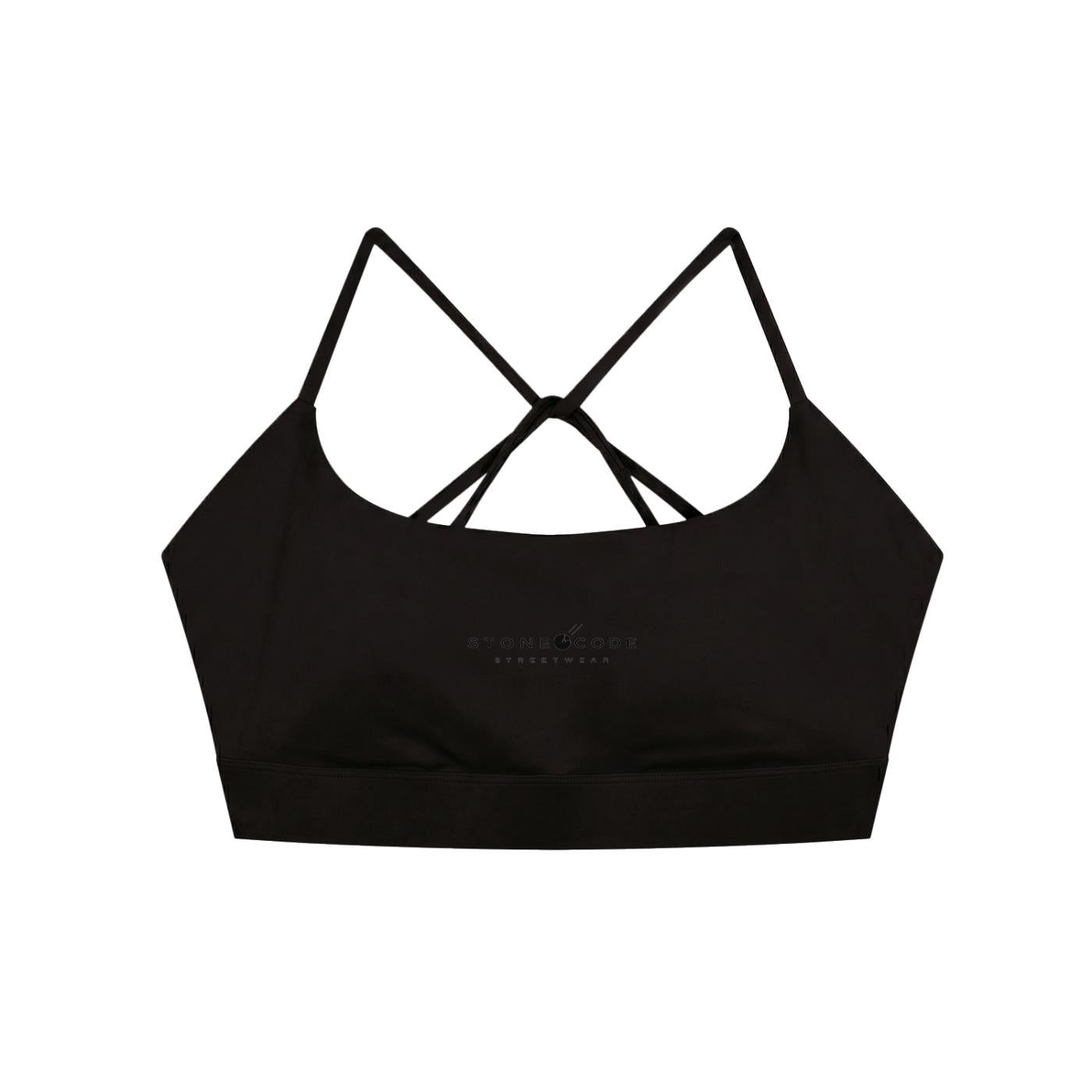 Black strappy criss-cross yoga sports bra with "STONE CODE STREETWEAR" logo.