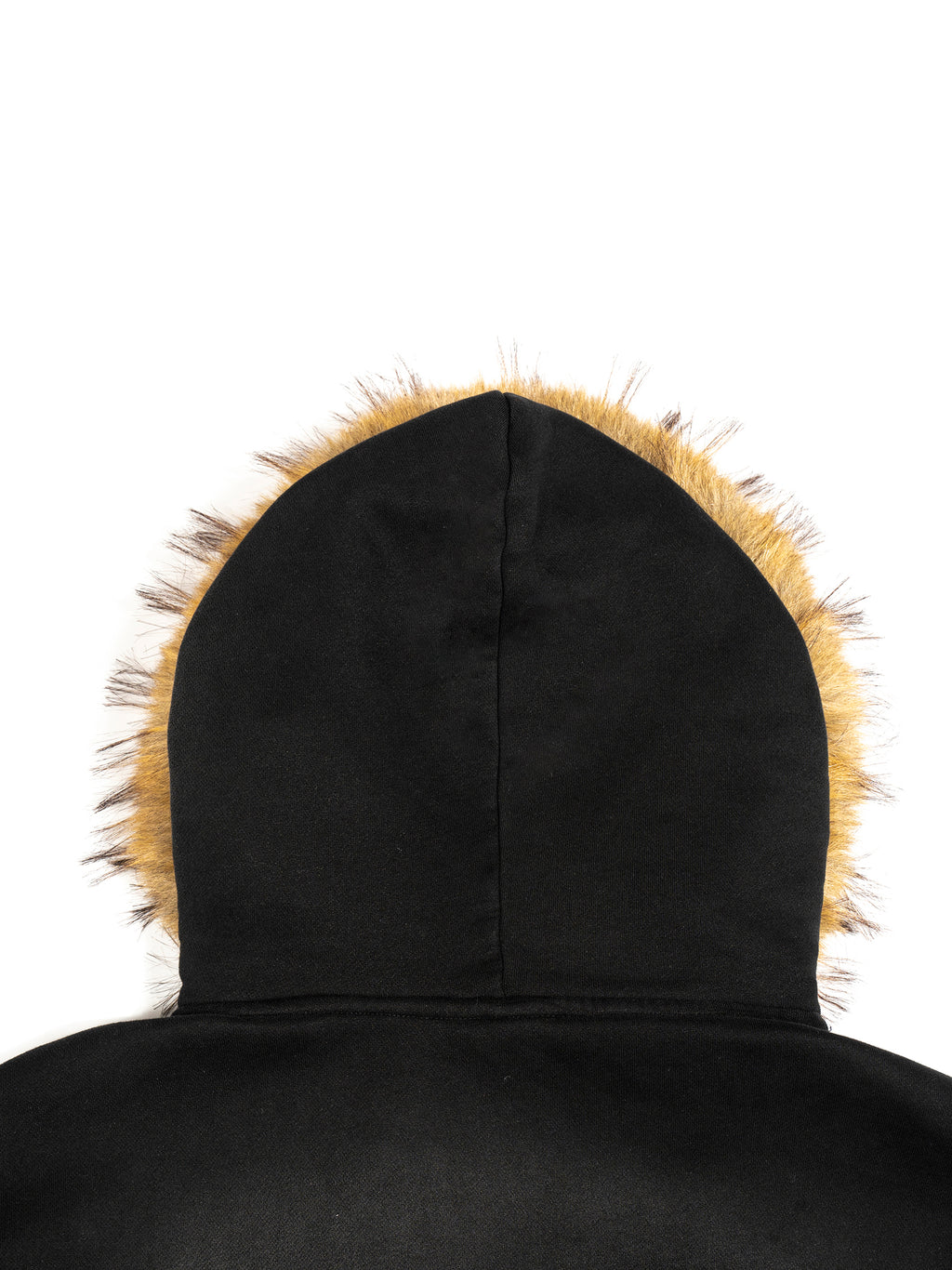 Black cotton blend hoodie with a brown detachable faux fur trim on the hood, viewed from the back.