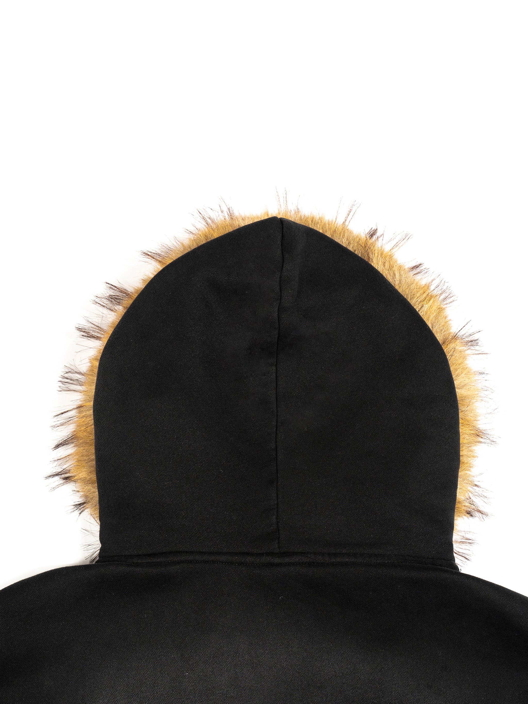 Black cotton blend hoodie with a brown detachable faux fur trim on the hood, viewed from the back.