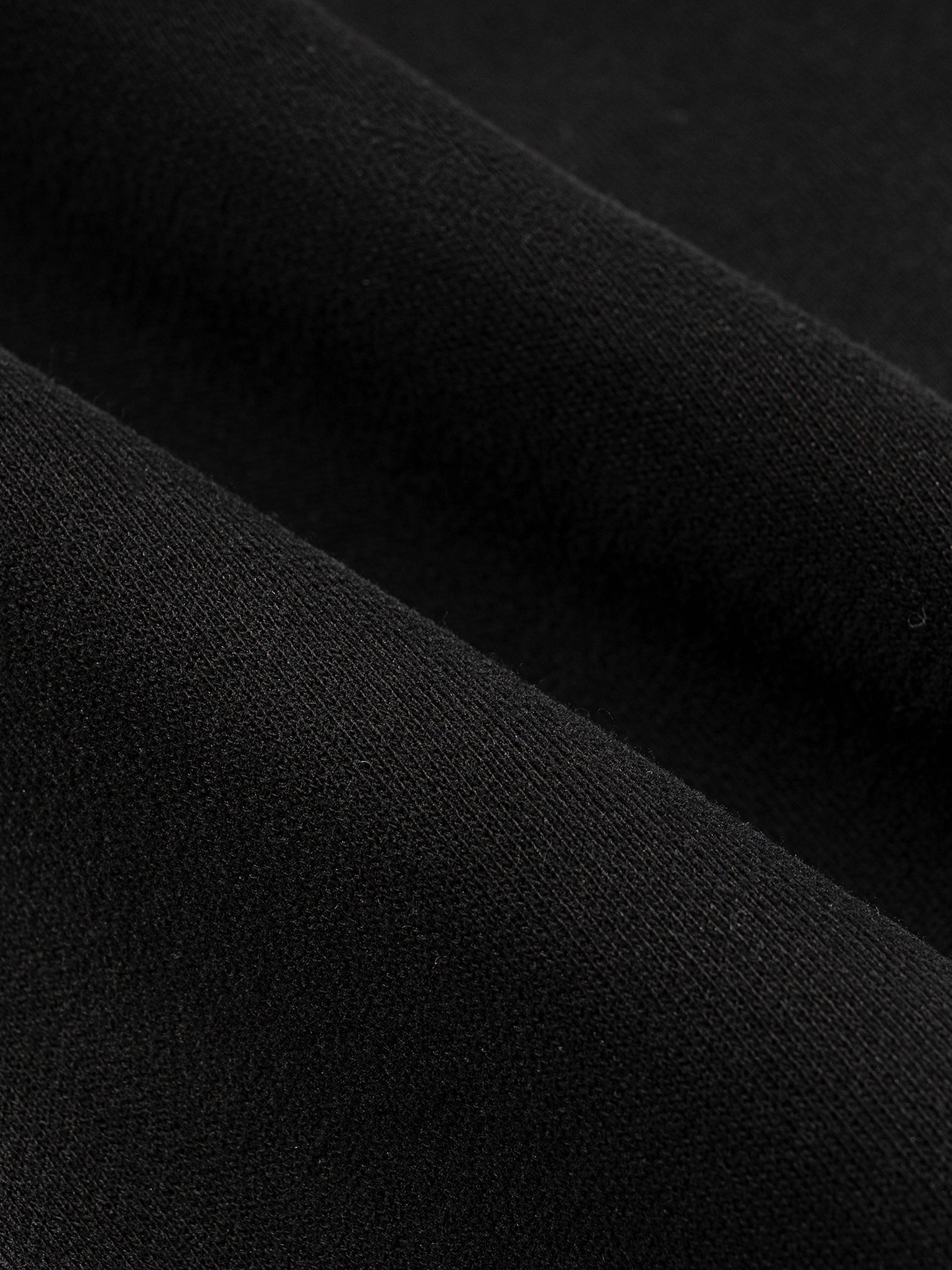 Close-up of thick black cotton blend fabric with subtle folds, showcasing its texture.